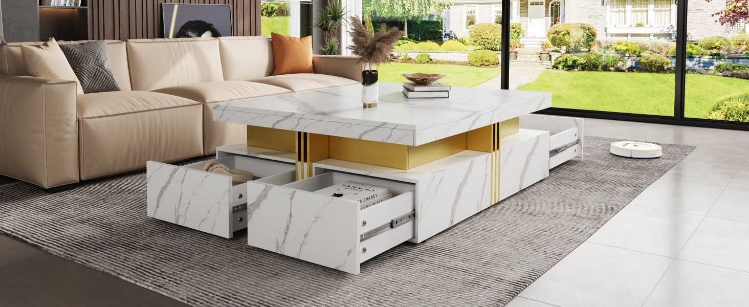 Square Storage Coffee Table — 4 Drawers & Gold Accents