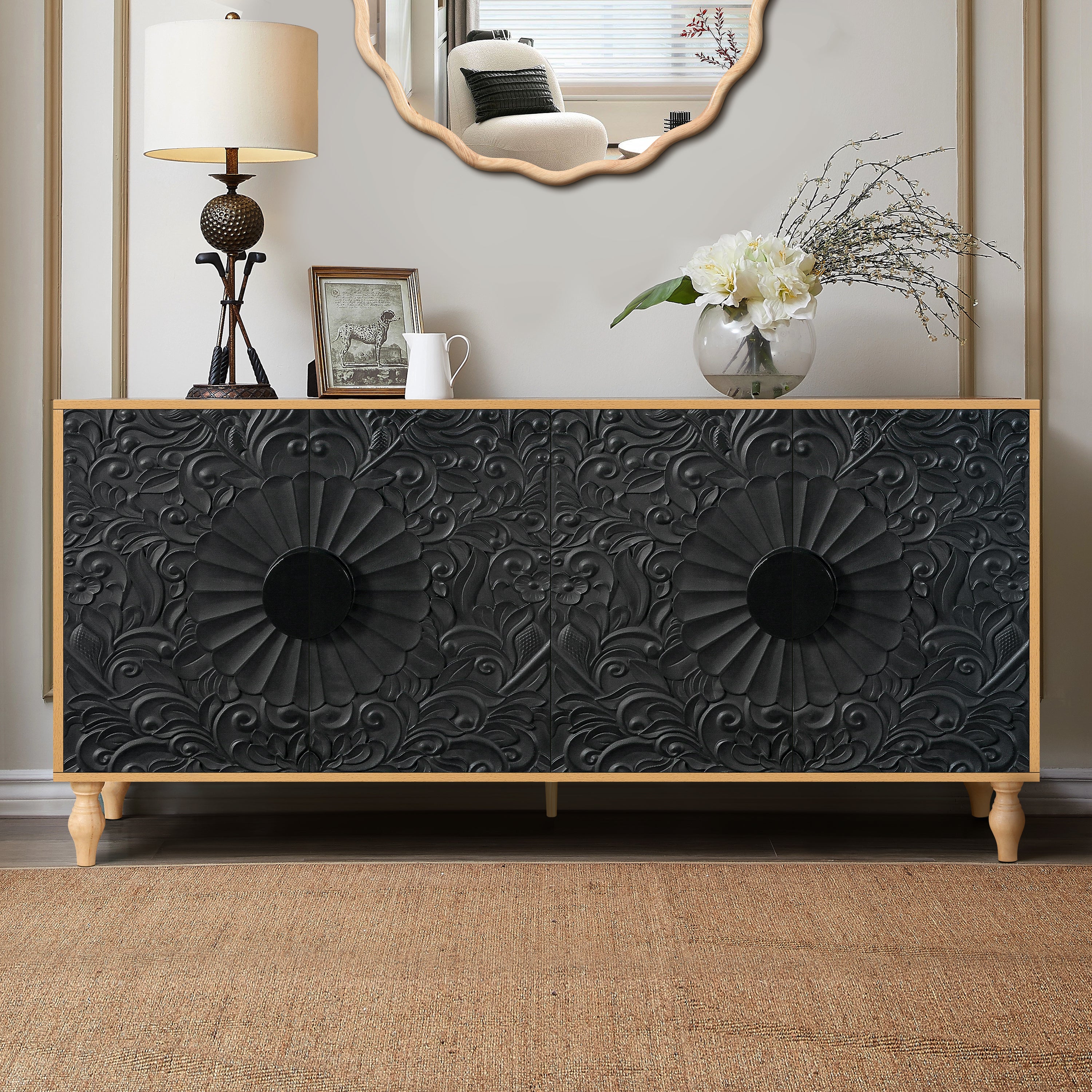 Black and natural wood TV stand for living room