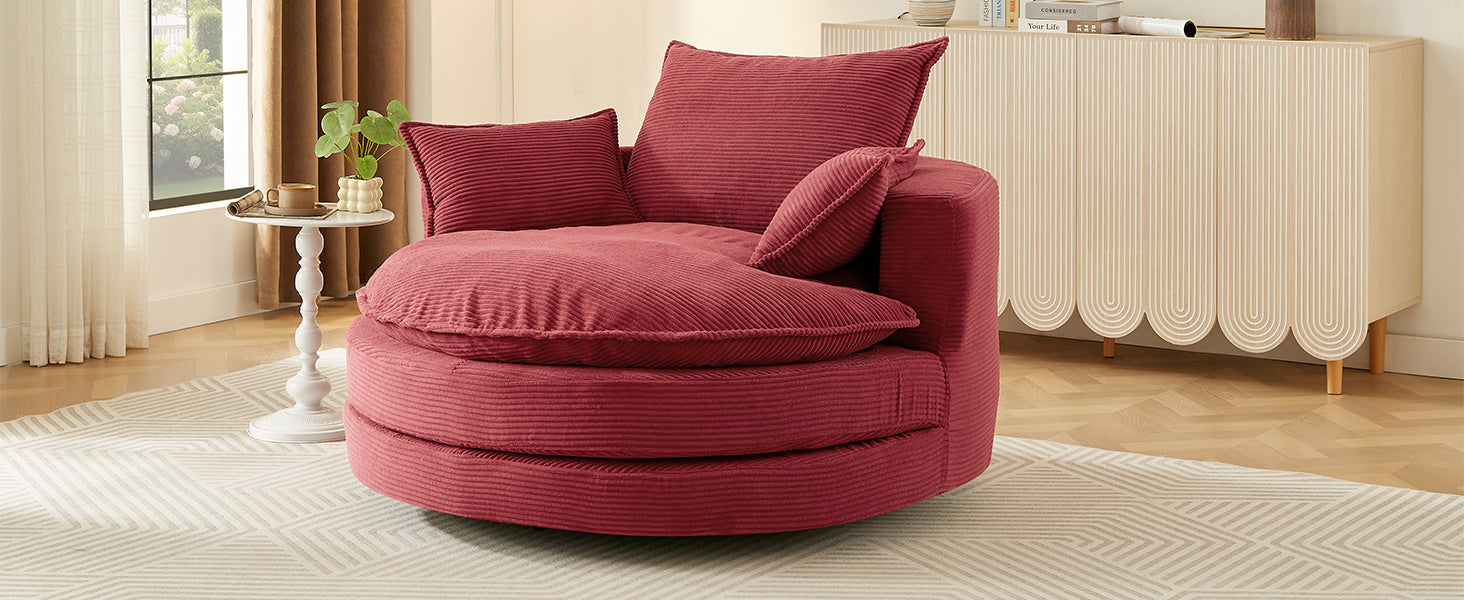 Corduroy Swivel Barrel Chair — 360° with Removable Pillows