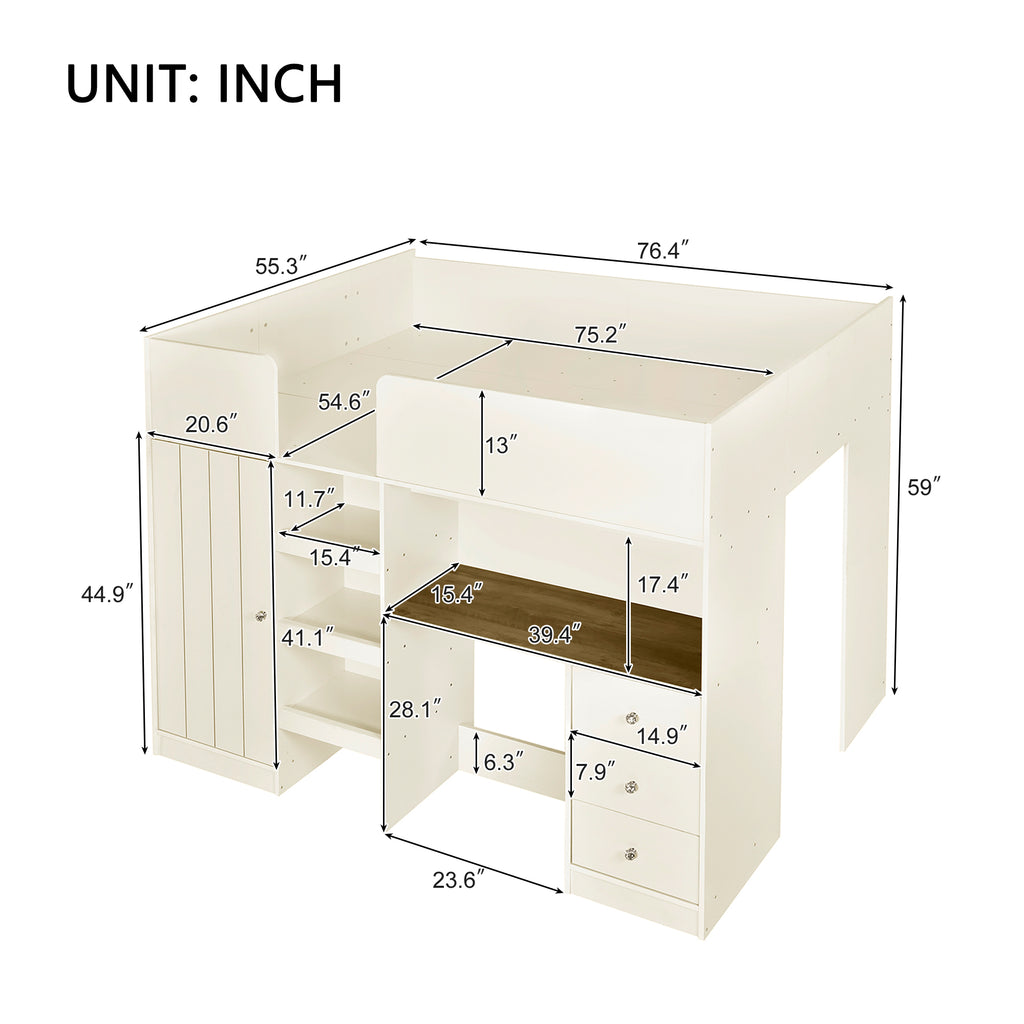 Loft bed with built-in wardrobe and storage shelves