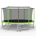 Green 16-foot trampoline with basketball hoop and safety enclosure — front view