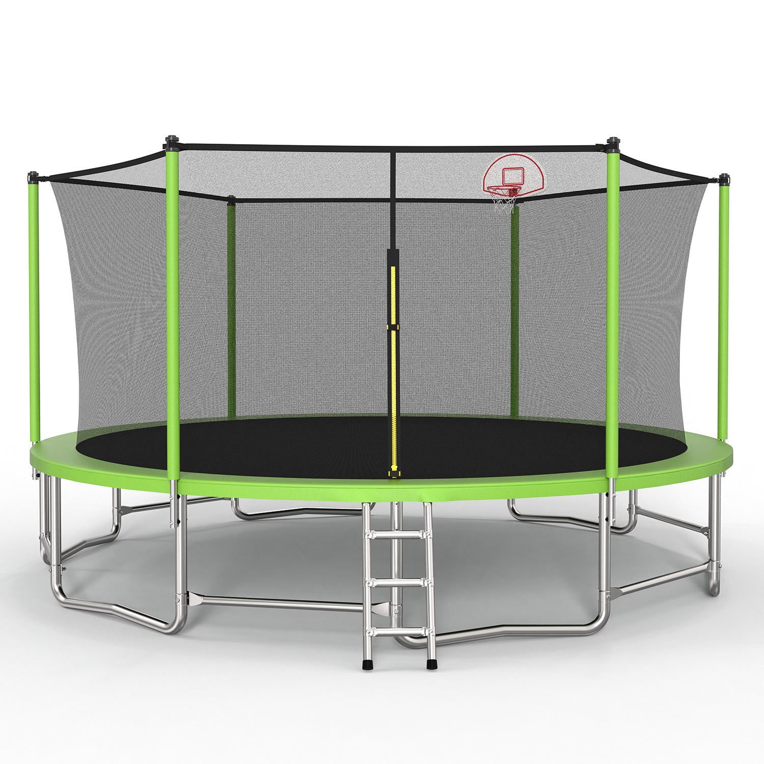 Green 16-foot trampoline with basketball hoop and safety enclosure — front view