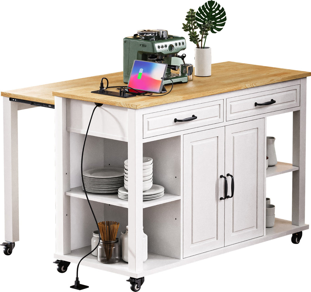 K&K 47 inch Kitchen Island with Extendable Dining Table, Rubber Wood Veneer Kitchen Table with Internal Storage Rack, Power Outlet, Kitchen island with Storage 2 Drawers 2 Cabinet, Black