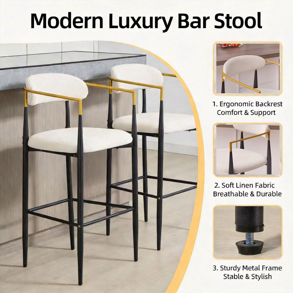 Modern Upholstered Bar Stool with Gold-Accented Armrests - 30' Seat Height,Ergonomic Design for Kitchen Island or Dining Counter Use,Set of 2 - Beige Fabric & Black Metal Frame