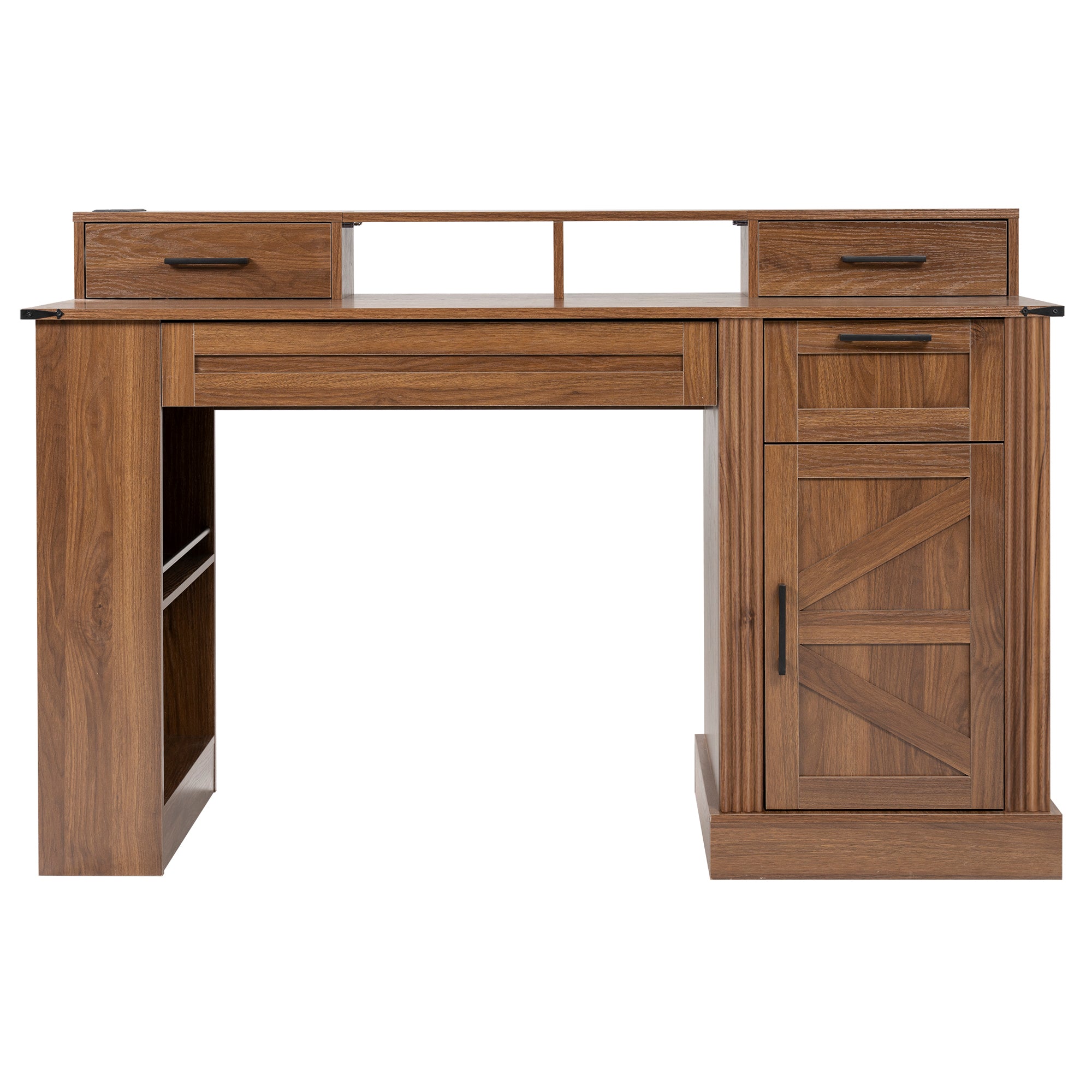 Dark walnut farmhouse office desk with barn door design — front view