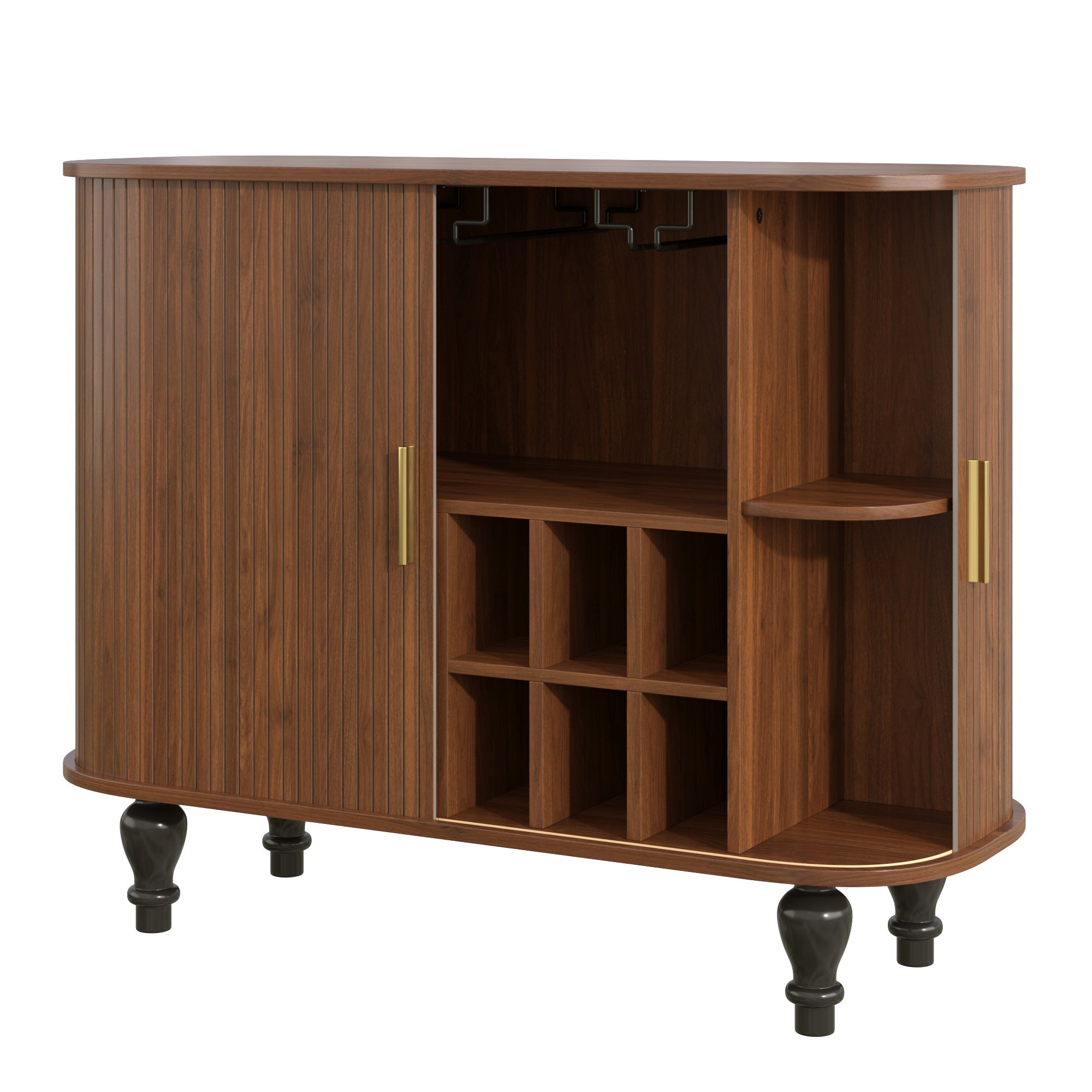 39' Fluted Liquor & Coffee Bar Cabinet with 6 Wine Racks and 3 Glass Holders, Mid-Century Modern Bar Cabinet with A Large Storage Drawer ,4 Hidden Storage Space on the Side , Black