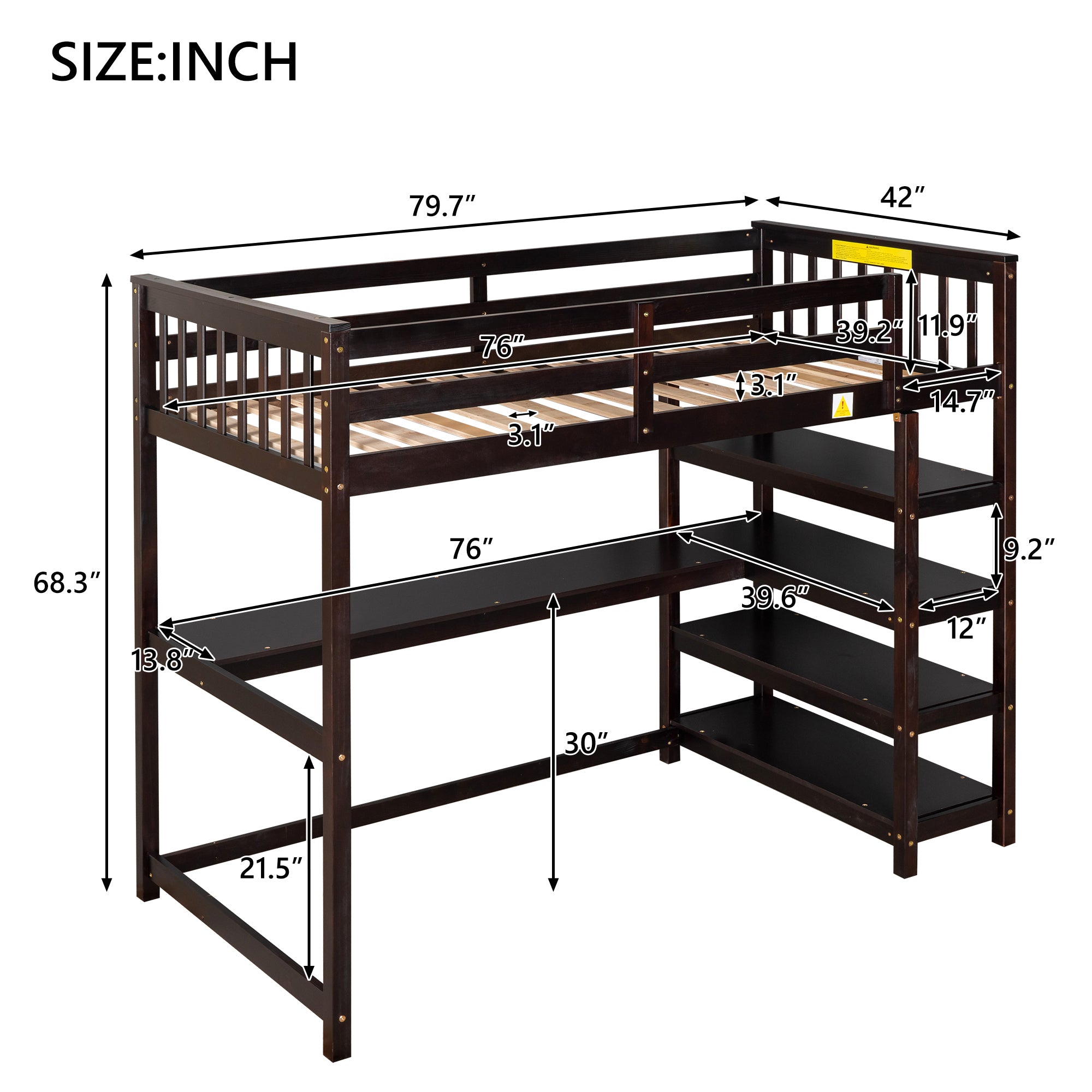 Under-bed desk and open storage shelf detail