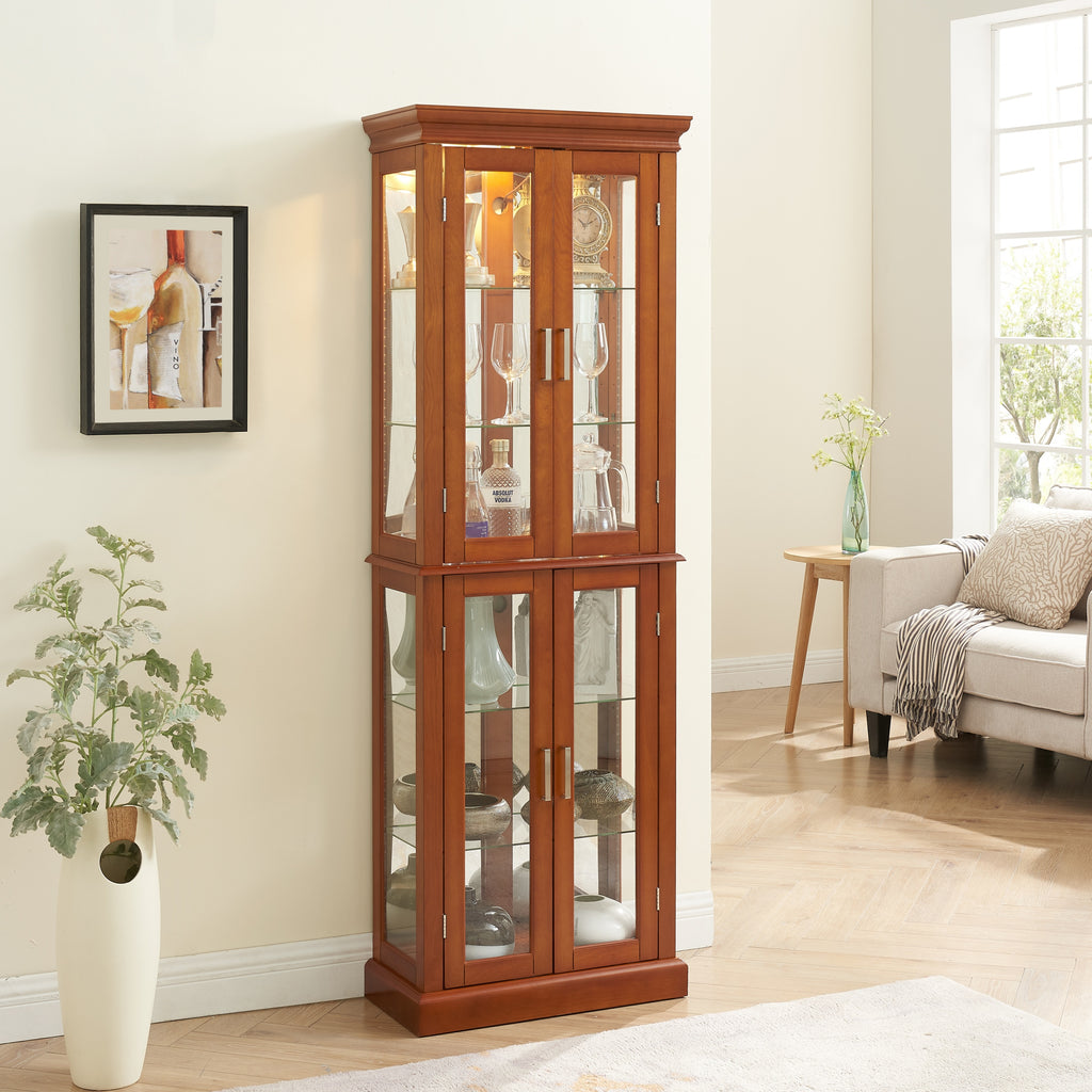 Tall walnut curio cabinet four glass doors — angle view