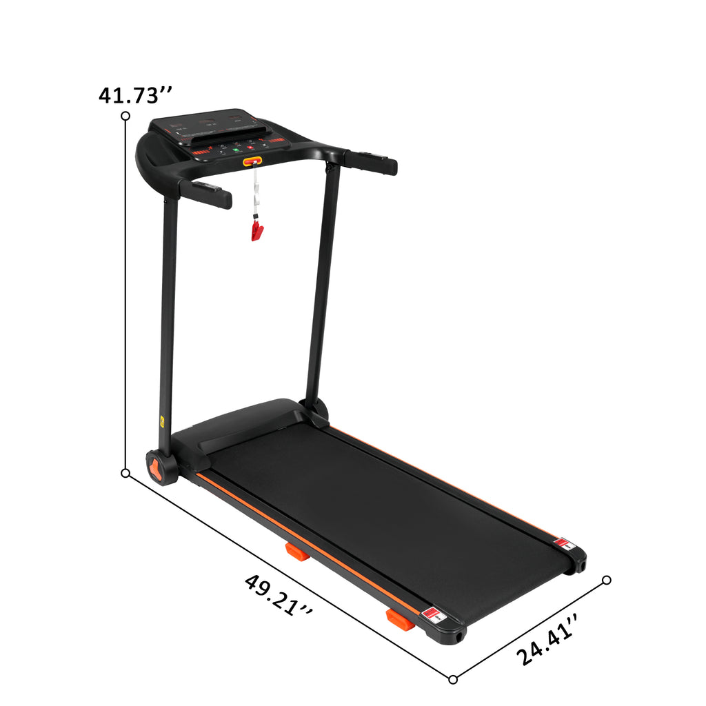 Black treadmill side profile showing foldable frame