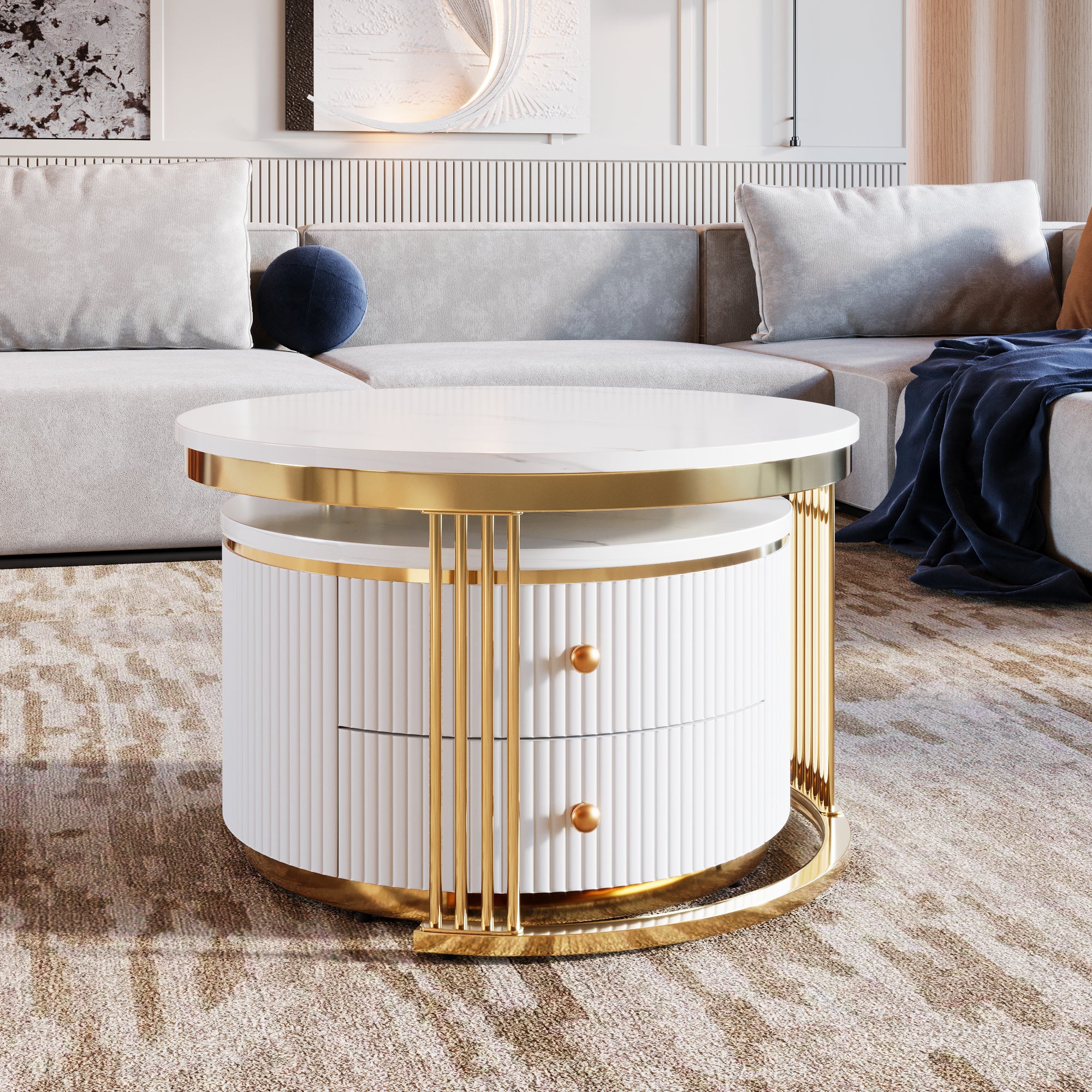 2-piece nesting coffee table with drawers — angle view