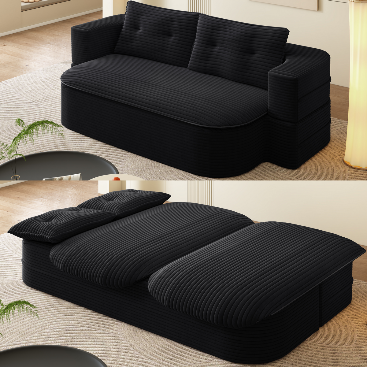 78.7' Modern 2-in-1 Foldable Sofa with Functional Blanket and 2 Soft Pillows,Comfortable Plush Corduroy Fabric Sofa,Convertible Sleeper Sofa Bed,Deep Seat Sofa Couch for Living Room,Bedroom,Baby Pink