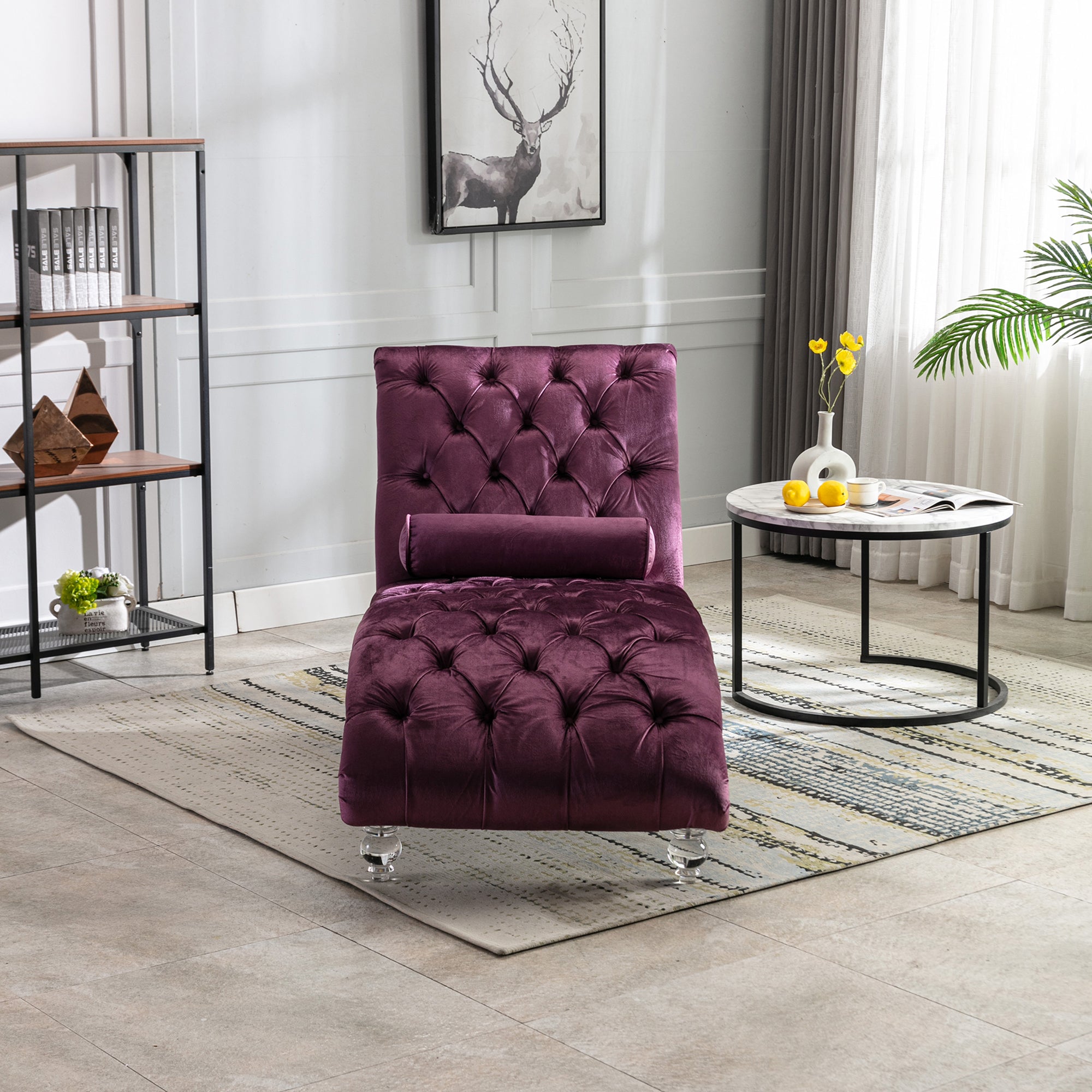 Acrylic leg detail on purple chaise lounge