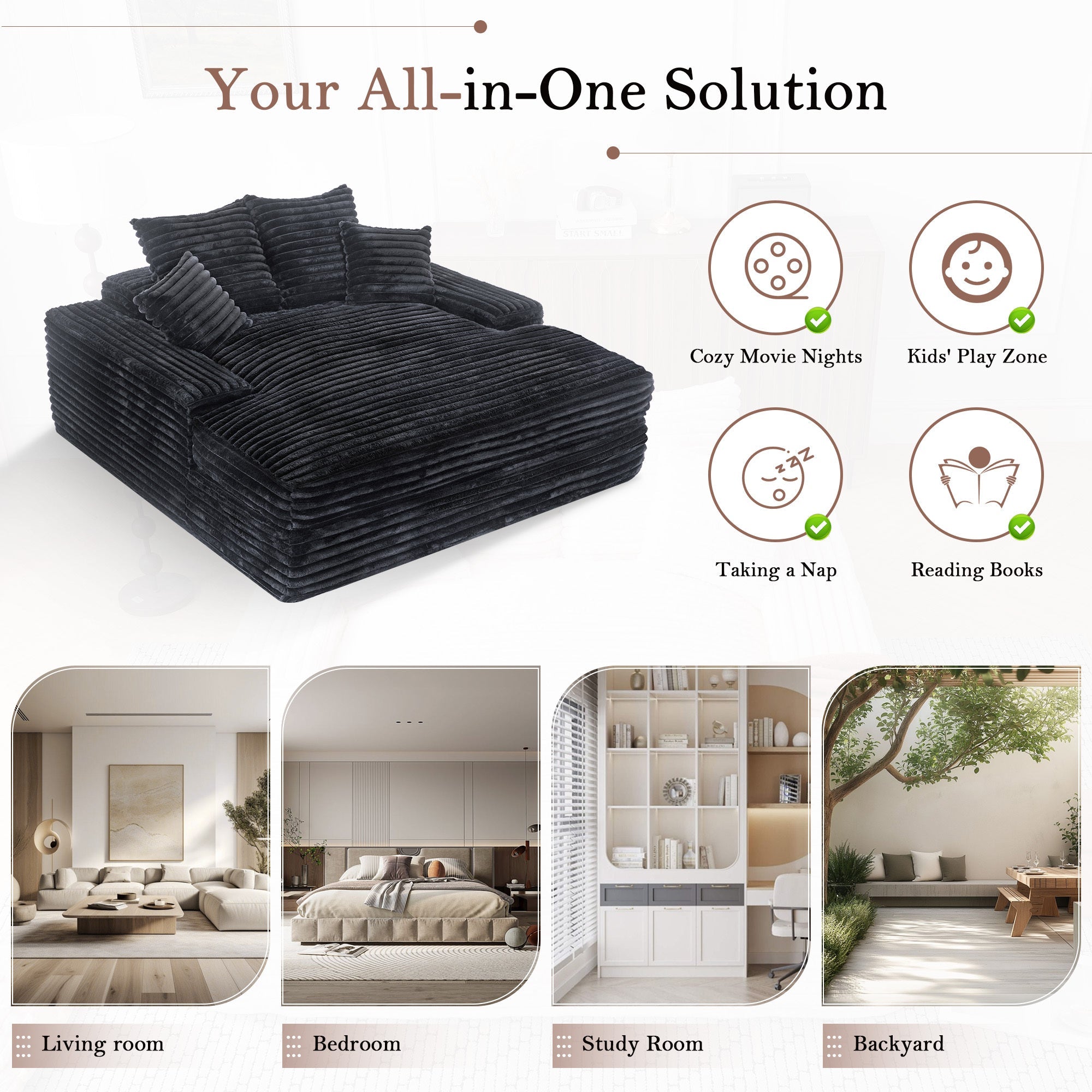 028DR-Oversized chaise Lounge chair, Upholstered Sleeper Sofa Bed with 4 Throw Pillows and Armrests, Corduroy Fabric Plush Lounge Chair Bed for Living Room, Apartment & Small Spaces, Black