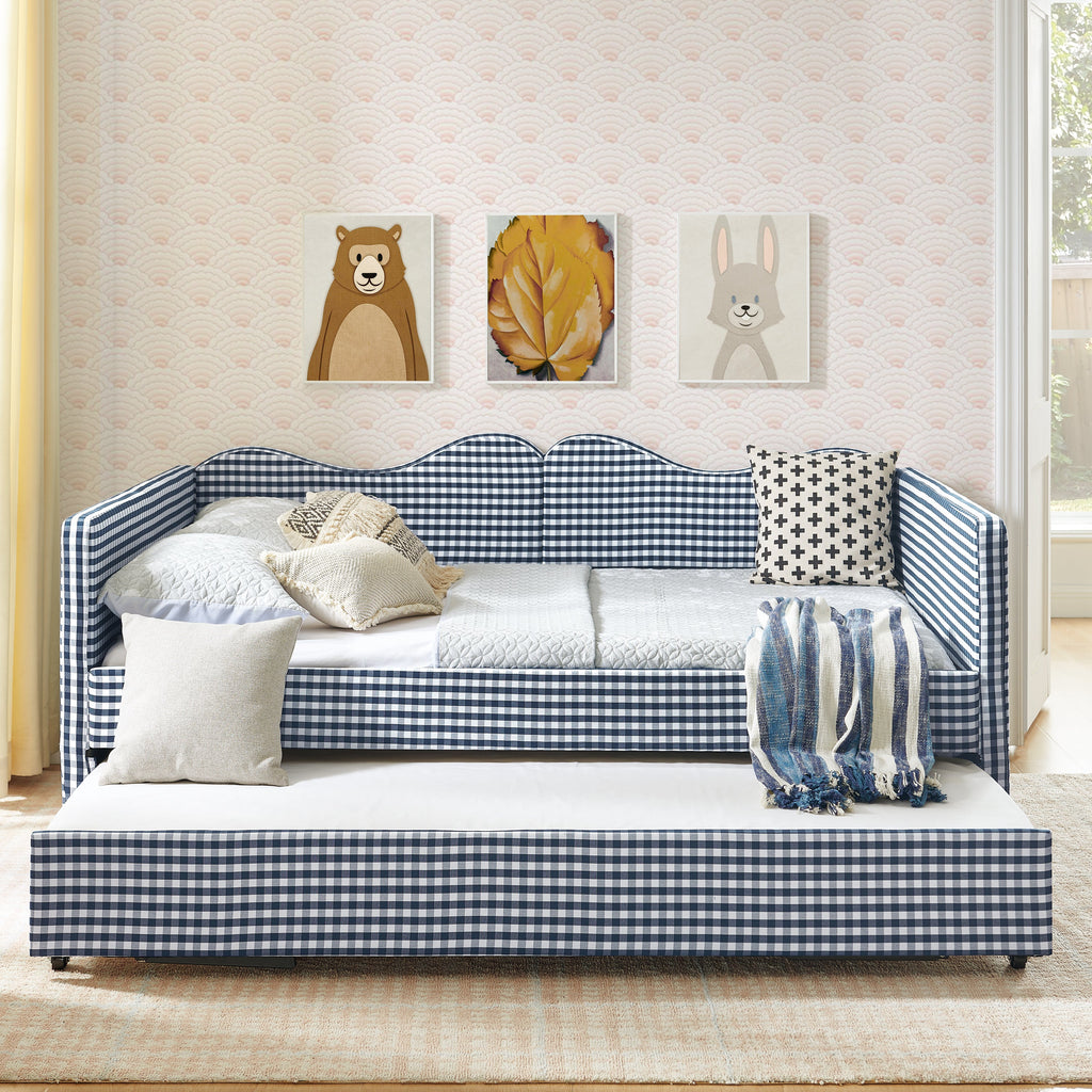 Full‑Size Daybed,Gingham Upholstered Daybed Equipped with Pull-Out Trundle Bed Frame & Side Storage Pocket, Solid Wood Frame Multi-Functional Sofa Bed for Kids Room & Guest Bedroom-PINK