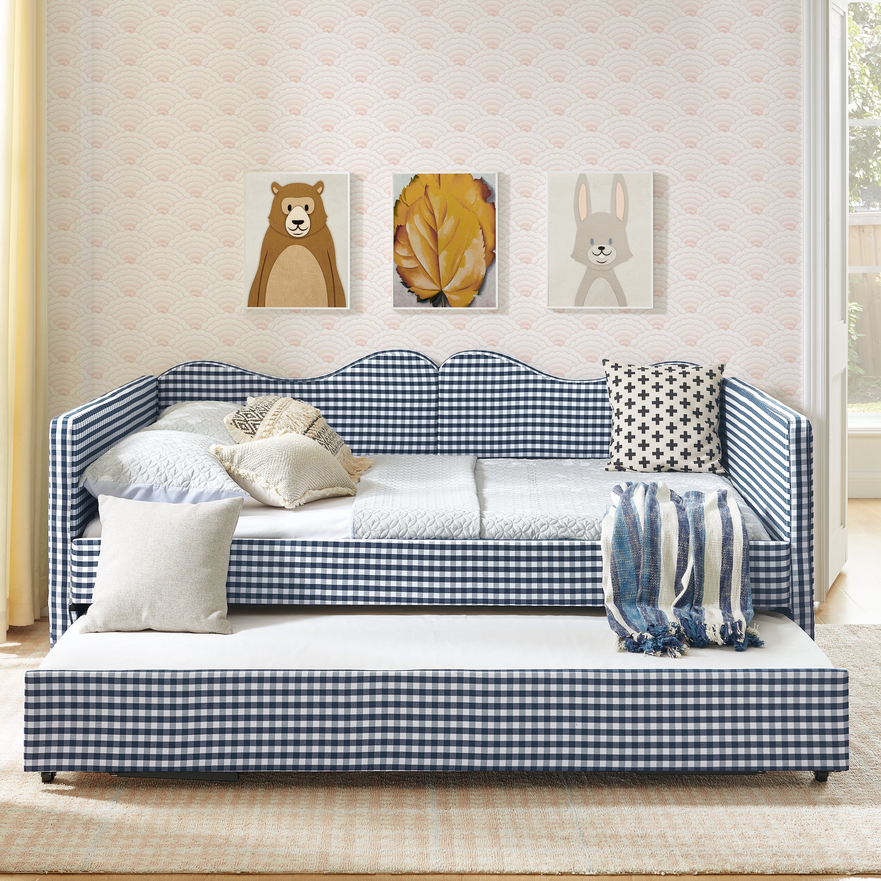 Full‑Size Daybed,Gingham Upholstered Daybed Equipped with Pull-Out Trundle Bed Frame & Side Storage Pocket, Solid Wood Frame Multi-Functional Sofa Bed for Kids Room & Guest Bedroom-PINK