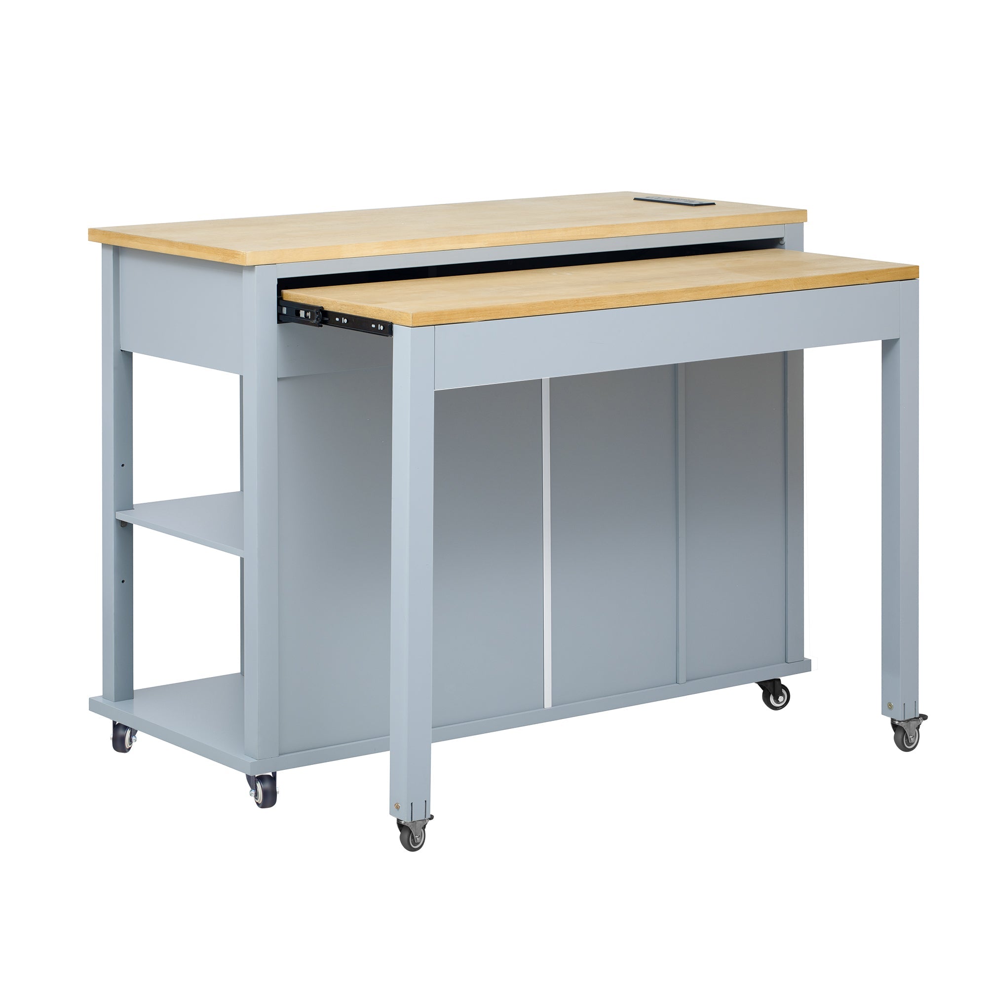 K&K 47 inch Kitchen Island with Extendable Dining Table, Rubber Wood Veneer Kitchen Table with Internal Storage Rack, Power Outlet, Kitchen island with Storage 2 Drawers 2 Cabinet, Black