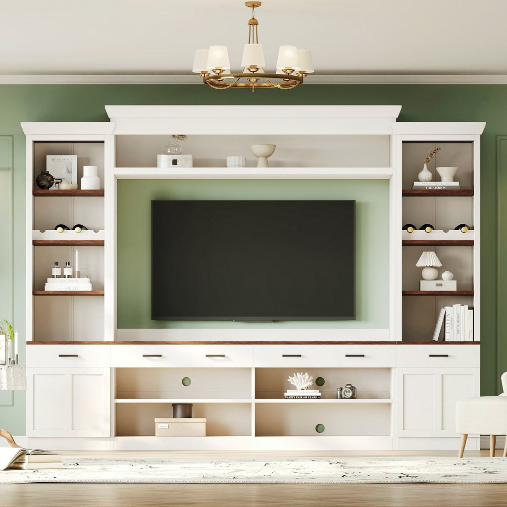 Farmhouse TV stand wall unit for TVs up to 70 inches — angle view