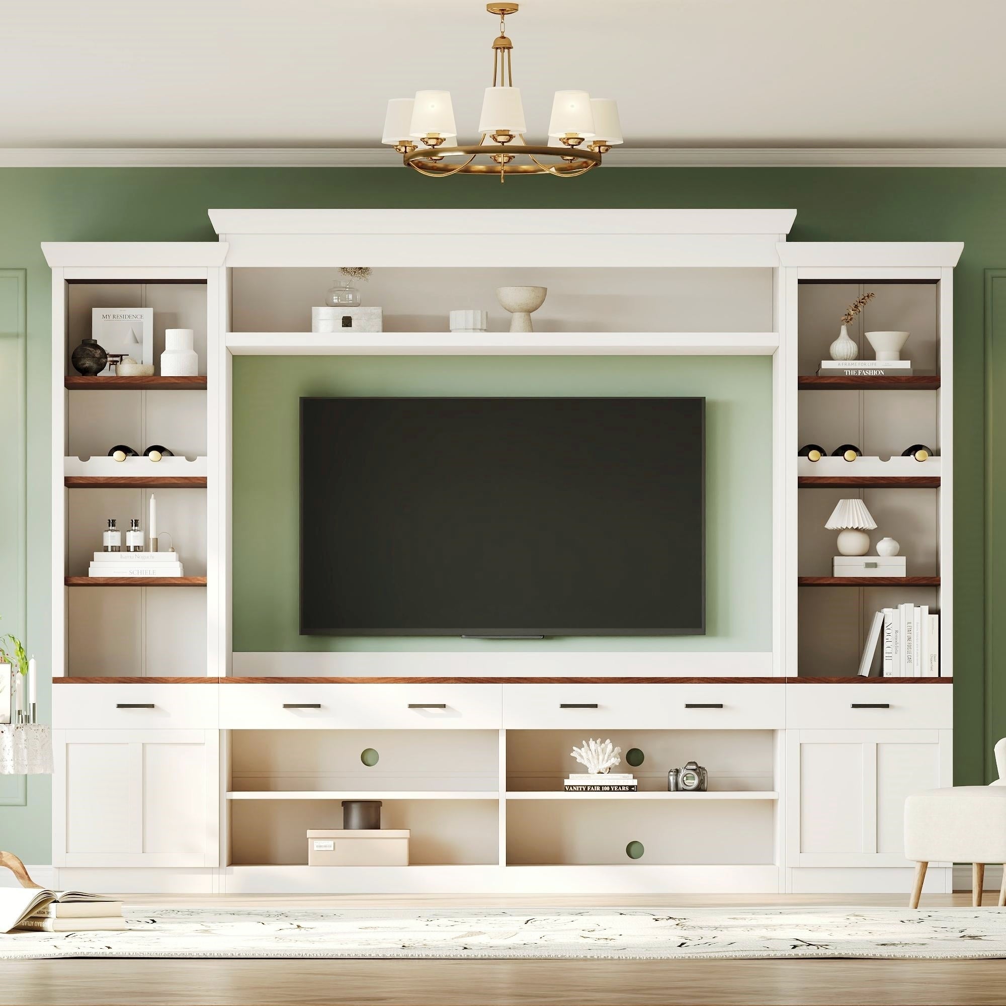 Farmhouse TV stand wall unit for TVs up to 70 inches — angle view
