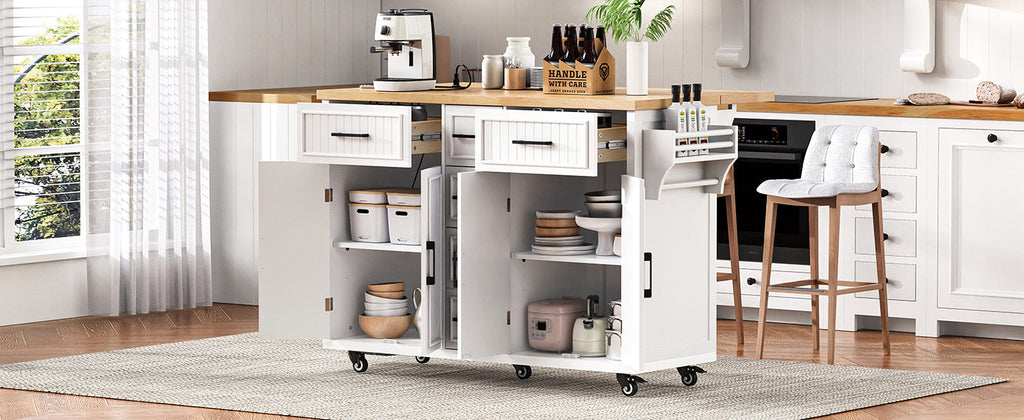 K&K 56.5'' Kitchen Island with Drop Leaf, Power Outlet, Embossed Vertical Stripe Rolling Kitchen Cart on Wheels with 4 Doors , 5 Deep Drawers and Adjustable Shelves, for Kitchen, Dining Room, Black