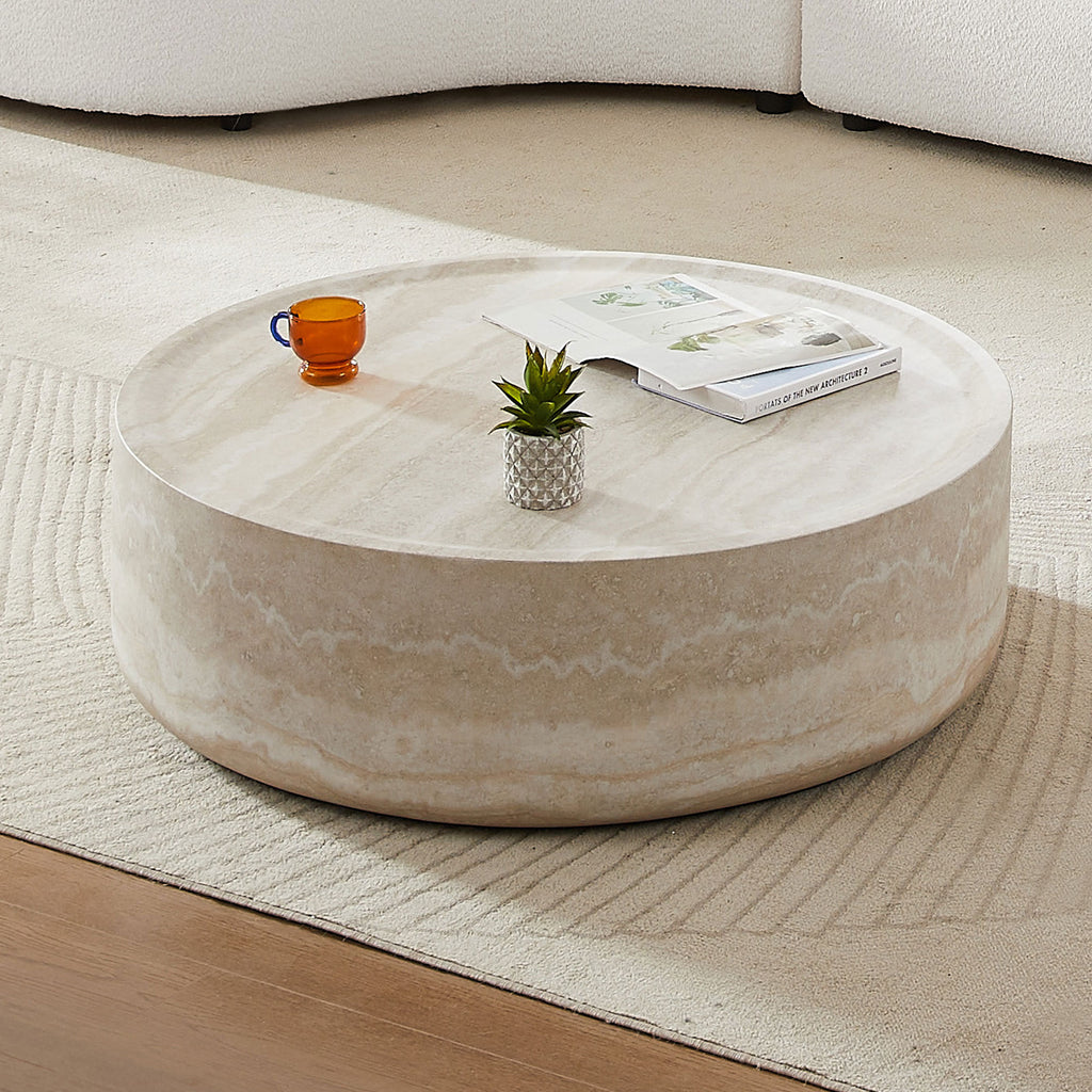 Round faux travertine table texture pattern close-up