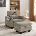 Brown chenille recliner chair with storage ottoman — front view