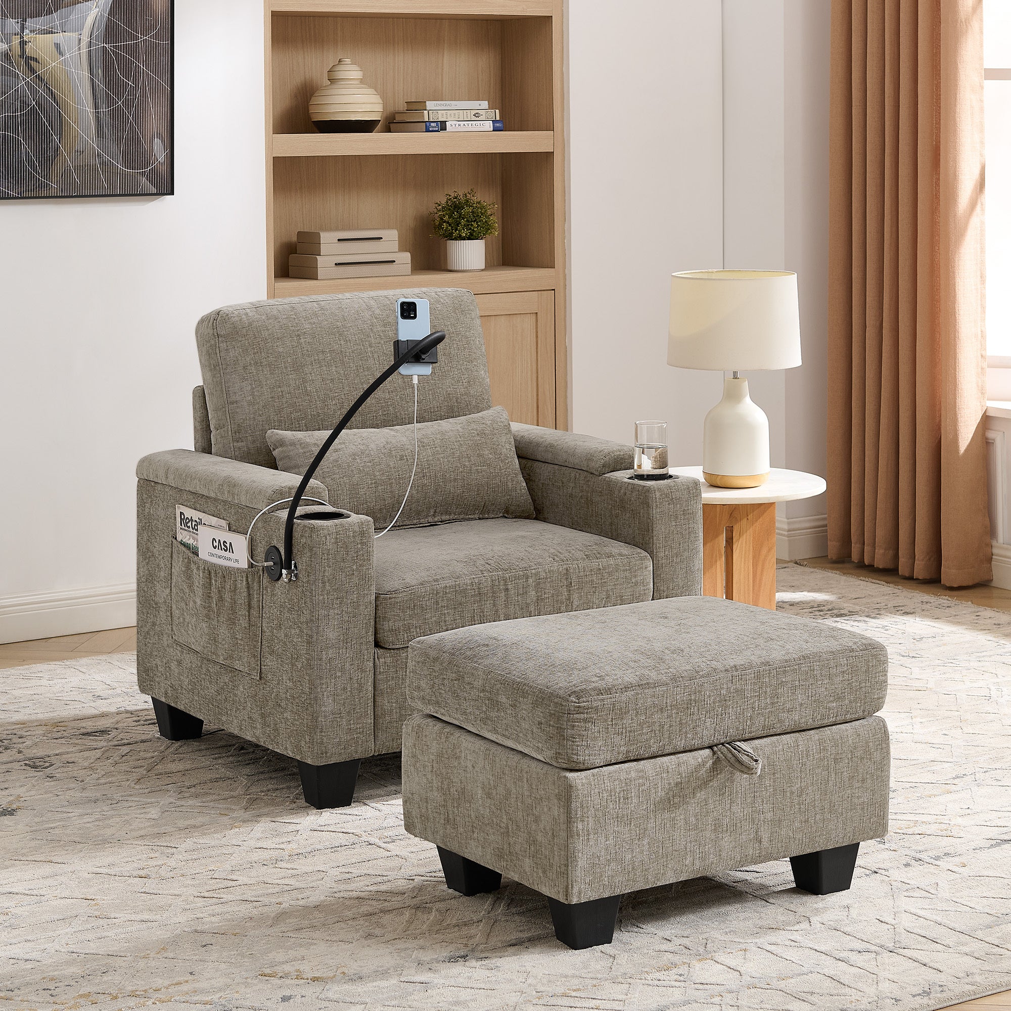 Brown chenille recliner chair with storage ottoman — front view