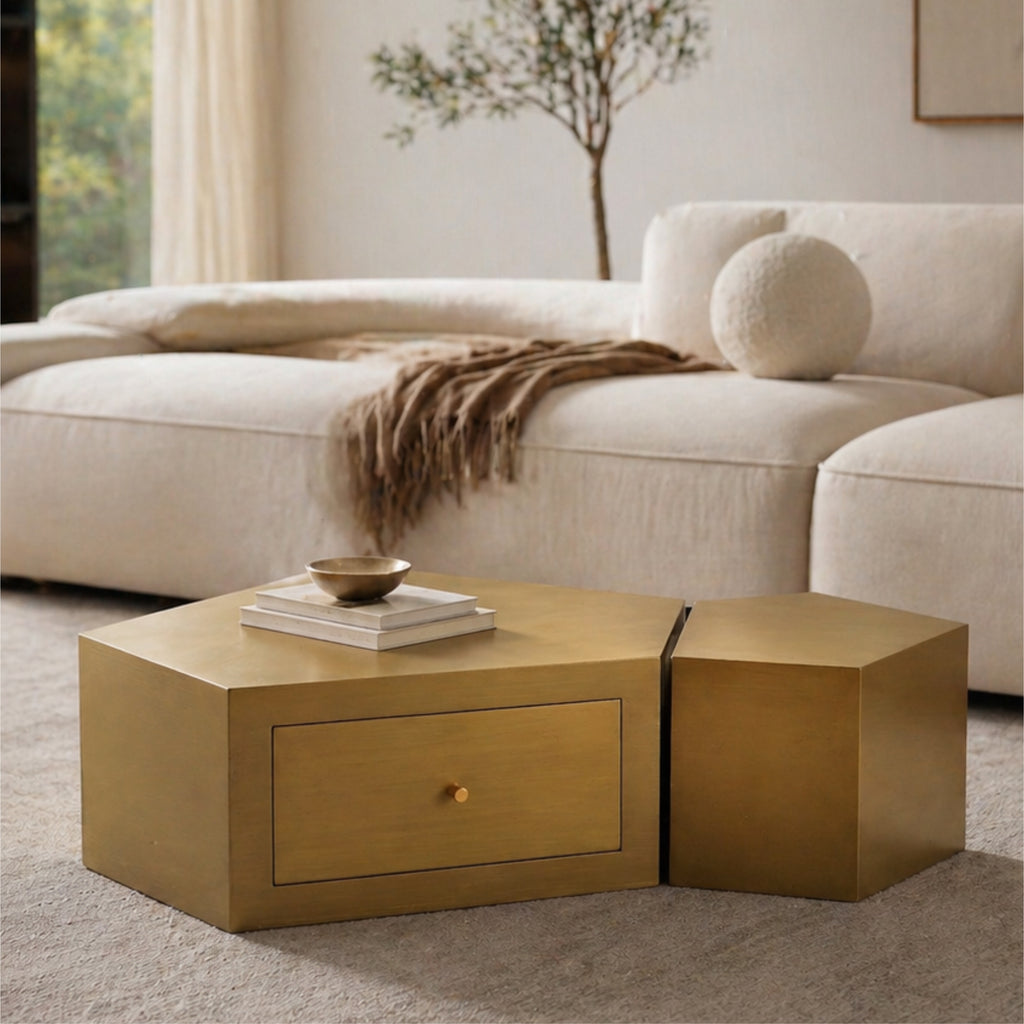 Modern Geometric Coffee Table Set of 2, Fully Assembled Modular Gold Nesting Table with Drawer, Faceted Polyhedral Artisan Center Table for Boho Wabi-Sabi Living Room