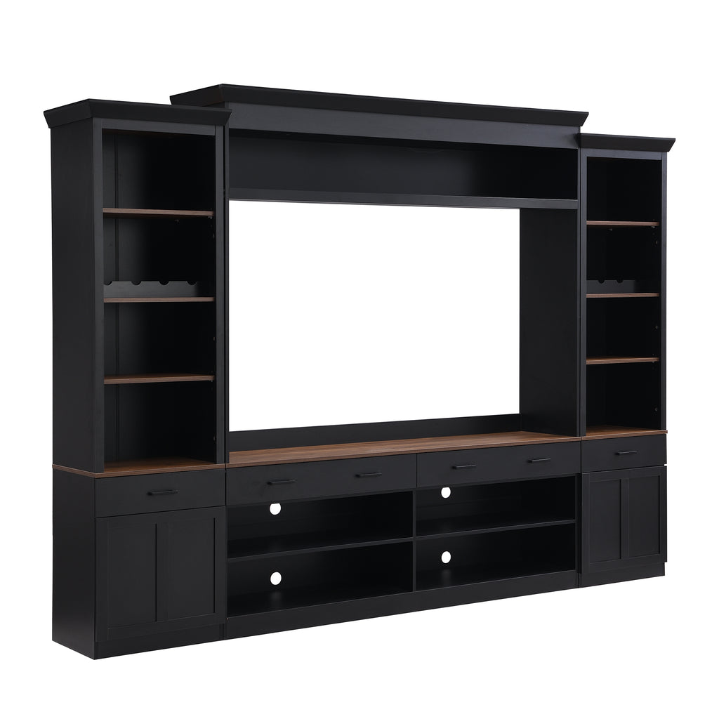 Side cabinet wine rack detail on farmhouse media console