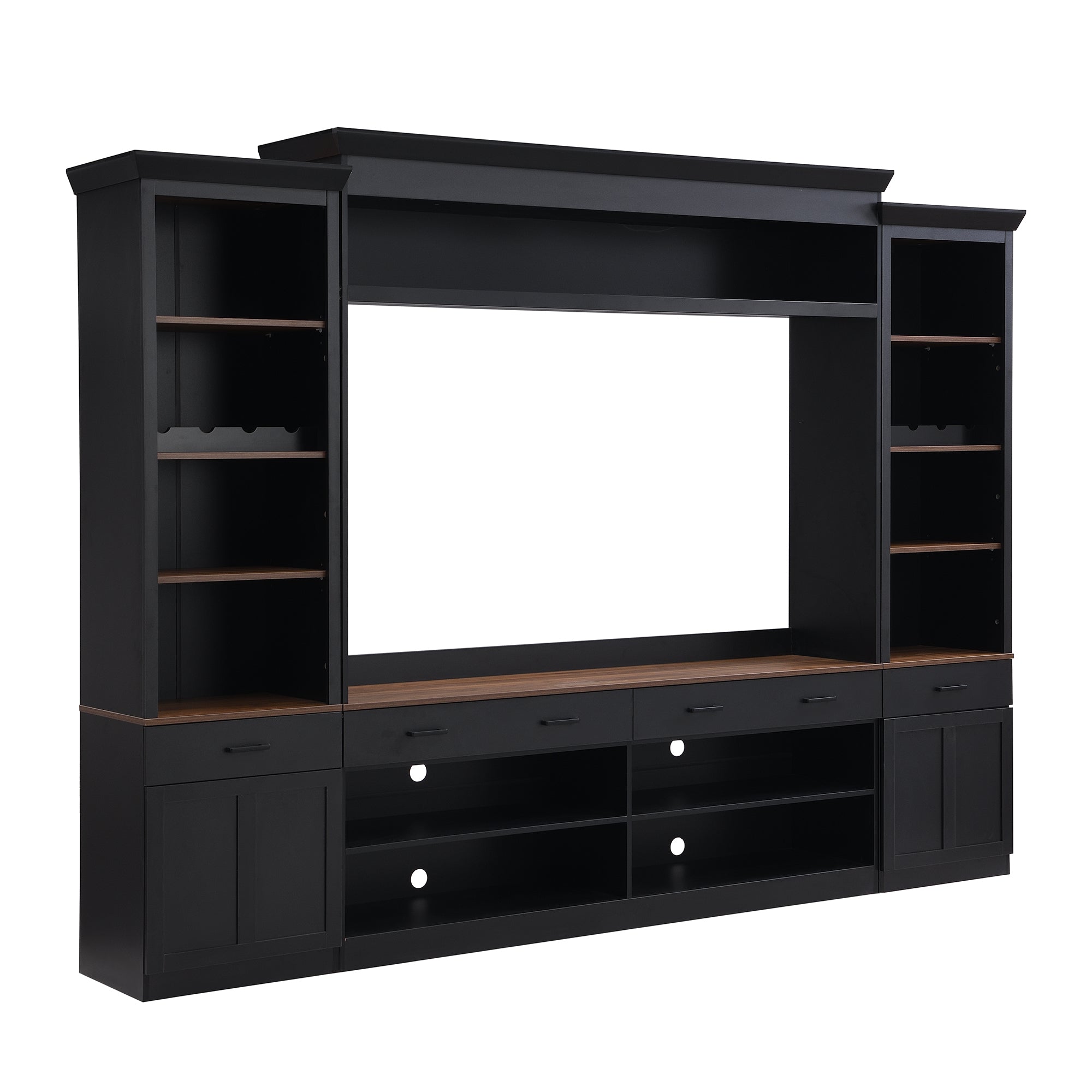 Side cabinet wine rack detail on farmhouse media console