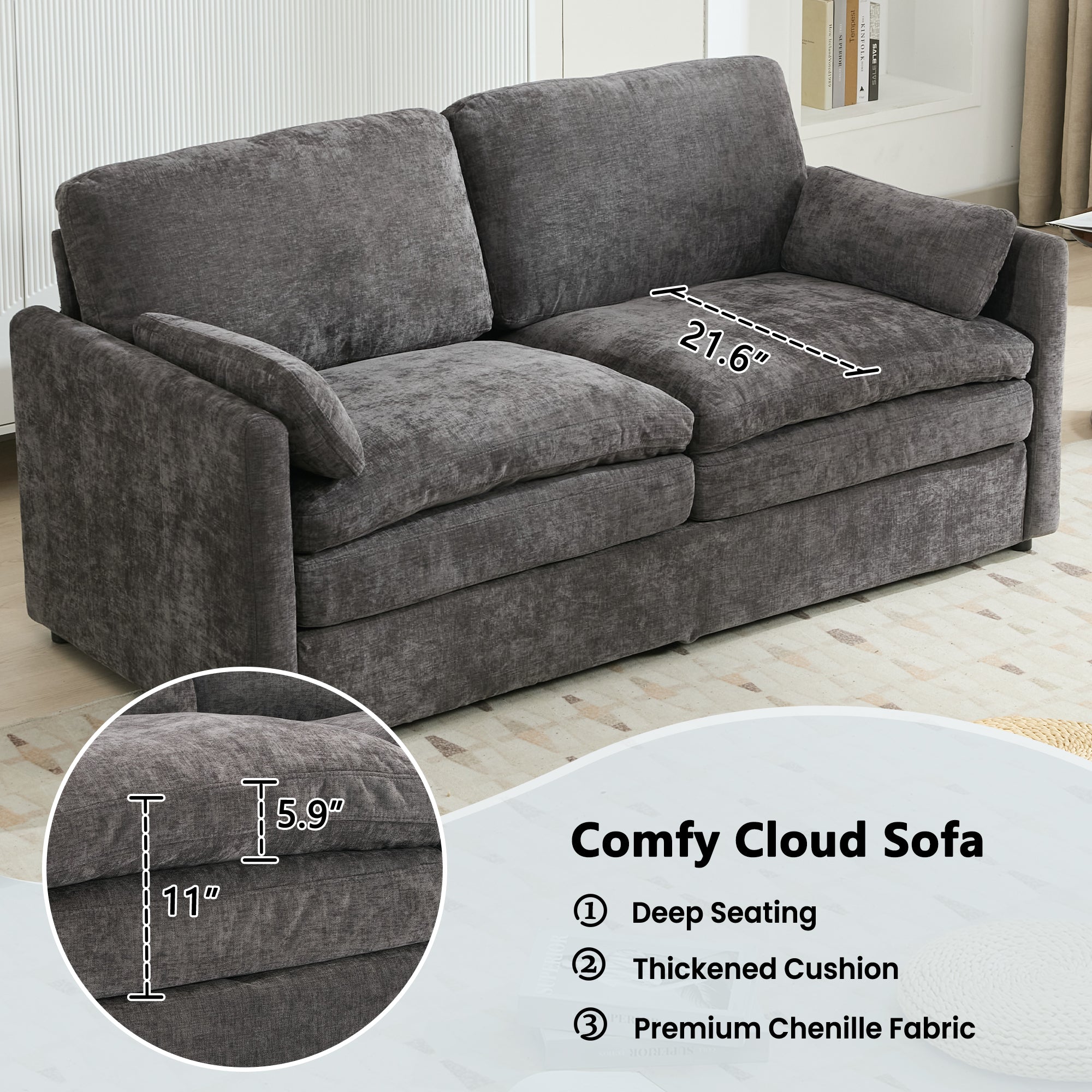 Double-layer seat cushion detail on gray loveseat