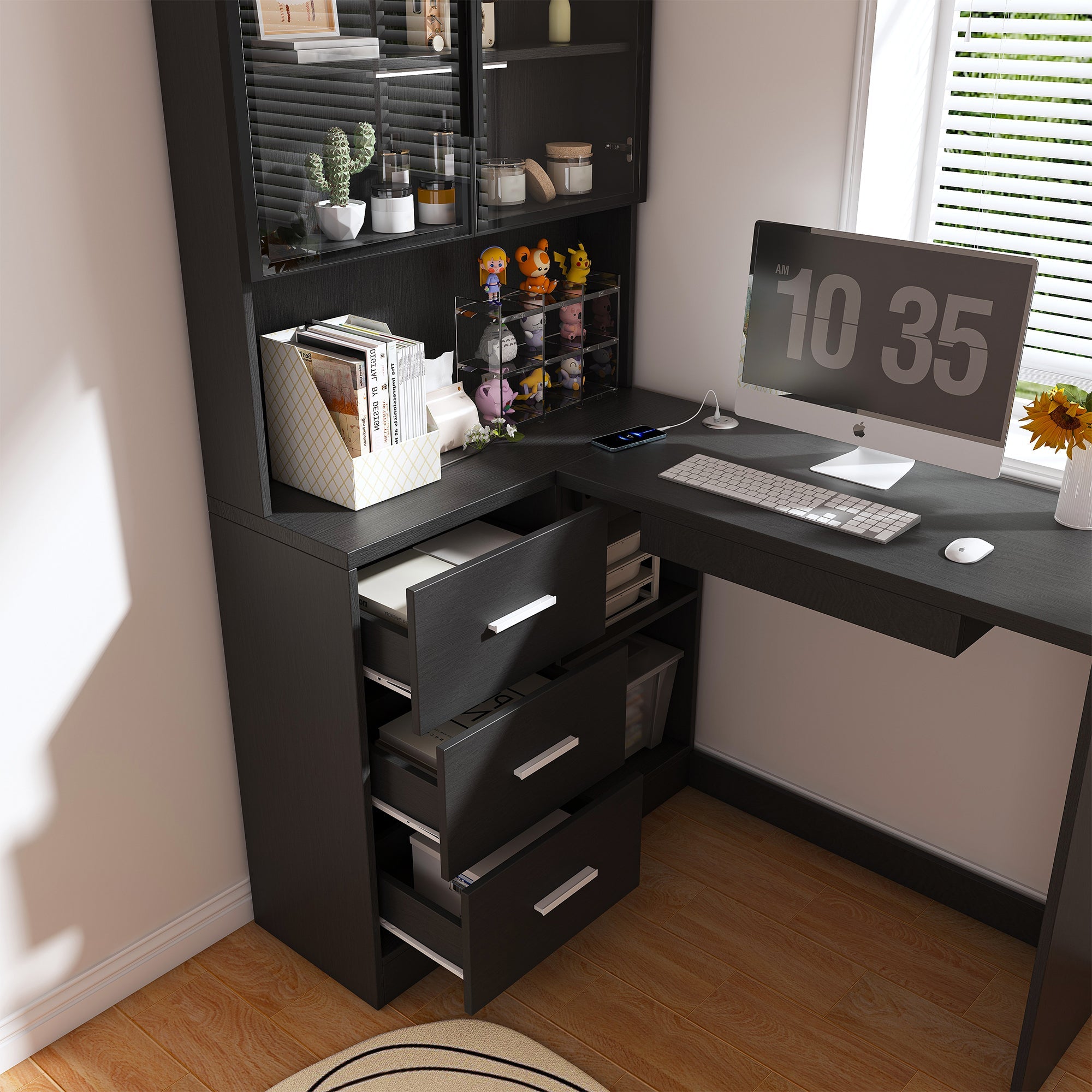 L-Shaped Computer Desk with Glass Cabinets, LED Lights & USB Charging — 43-Inch