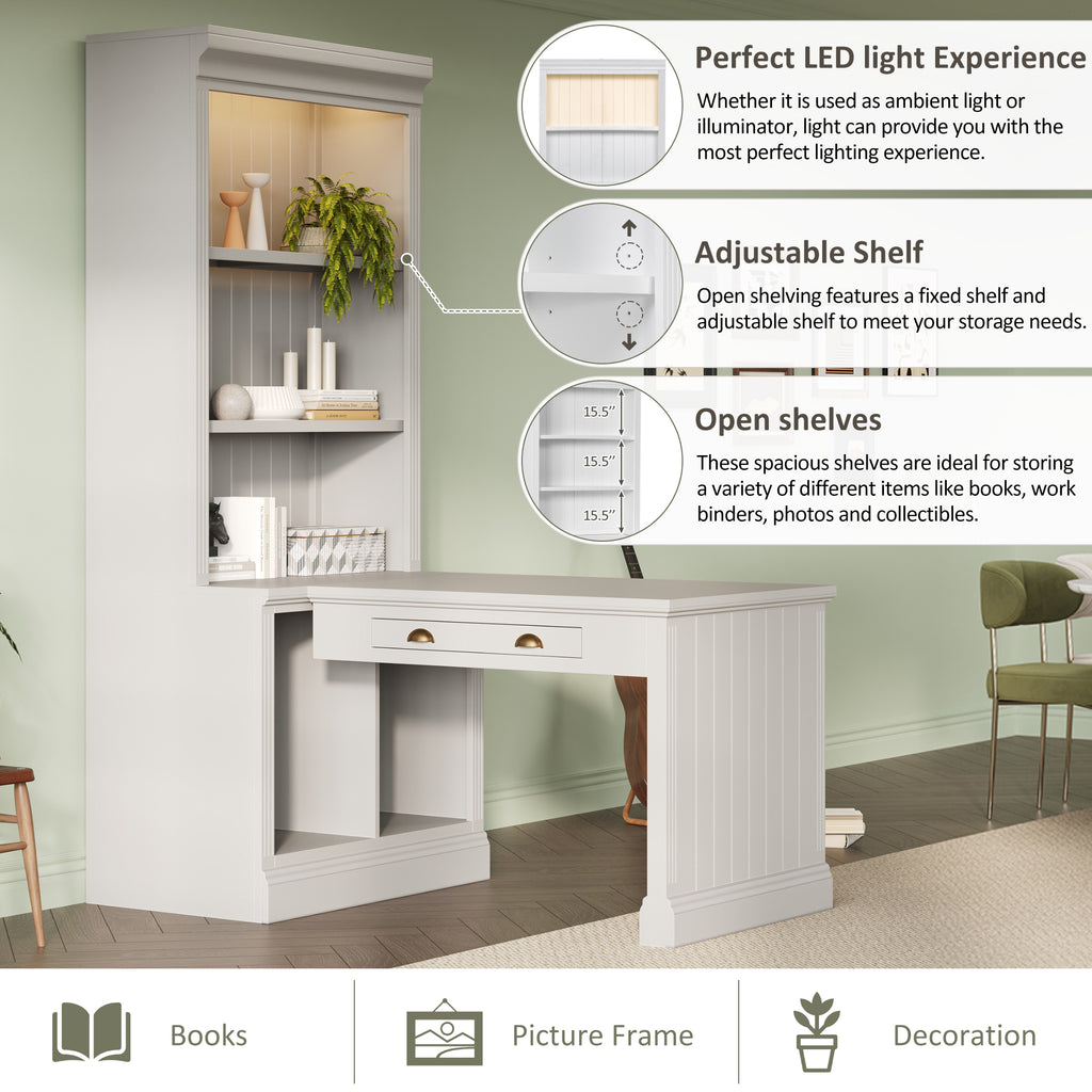 Open shelving and vertical storage on white bookcase desk