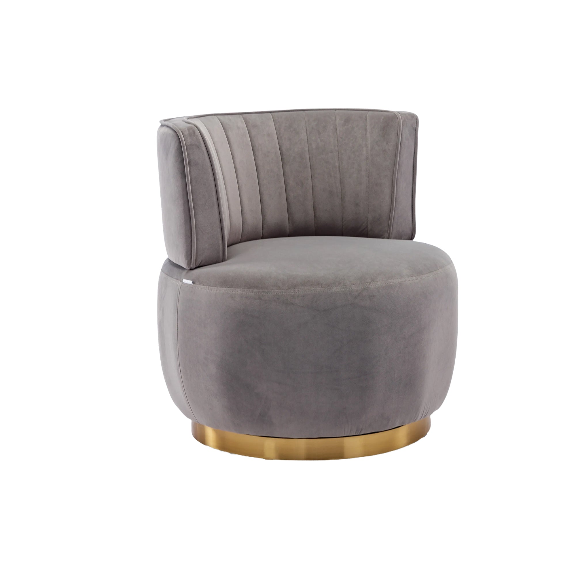 Gray swivel barrel accent chair — front view