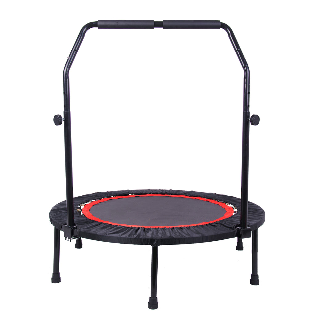 Black and red indoor fitness rebounder trampoline with handle