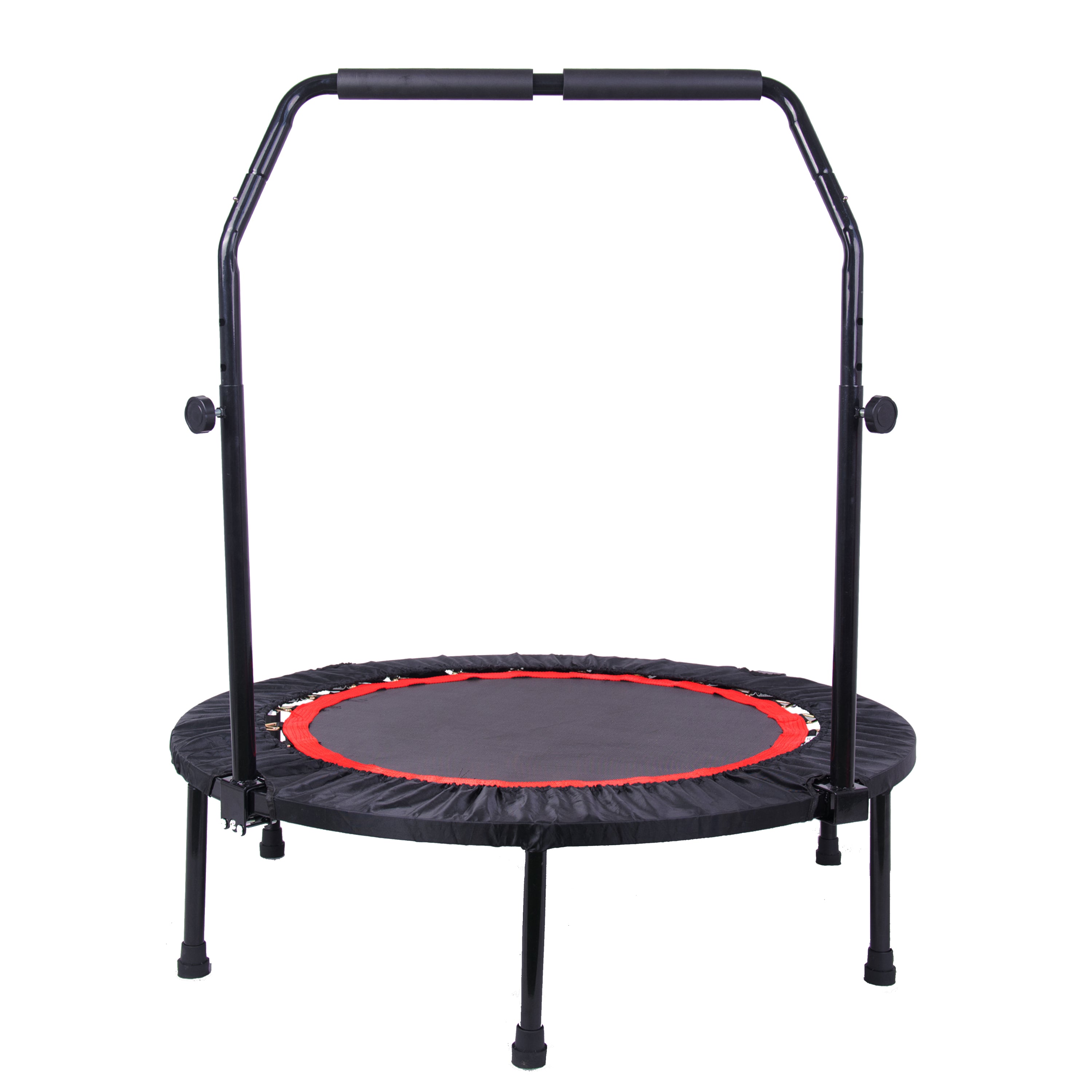 Black and red indoor fitness rebounder trampoline with handle