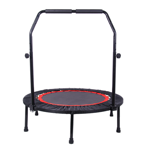 Black and red indoor fitness rebounder trampoline with handle