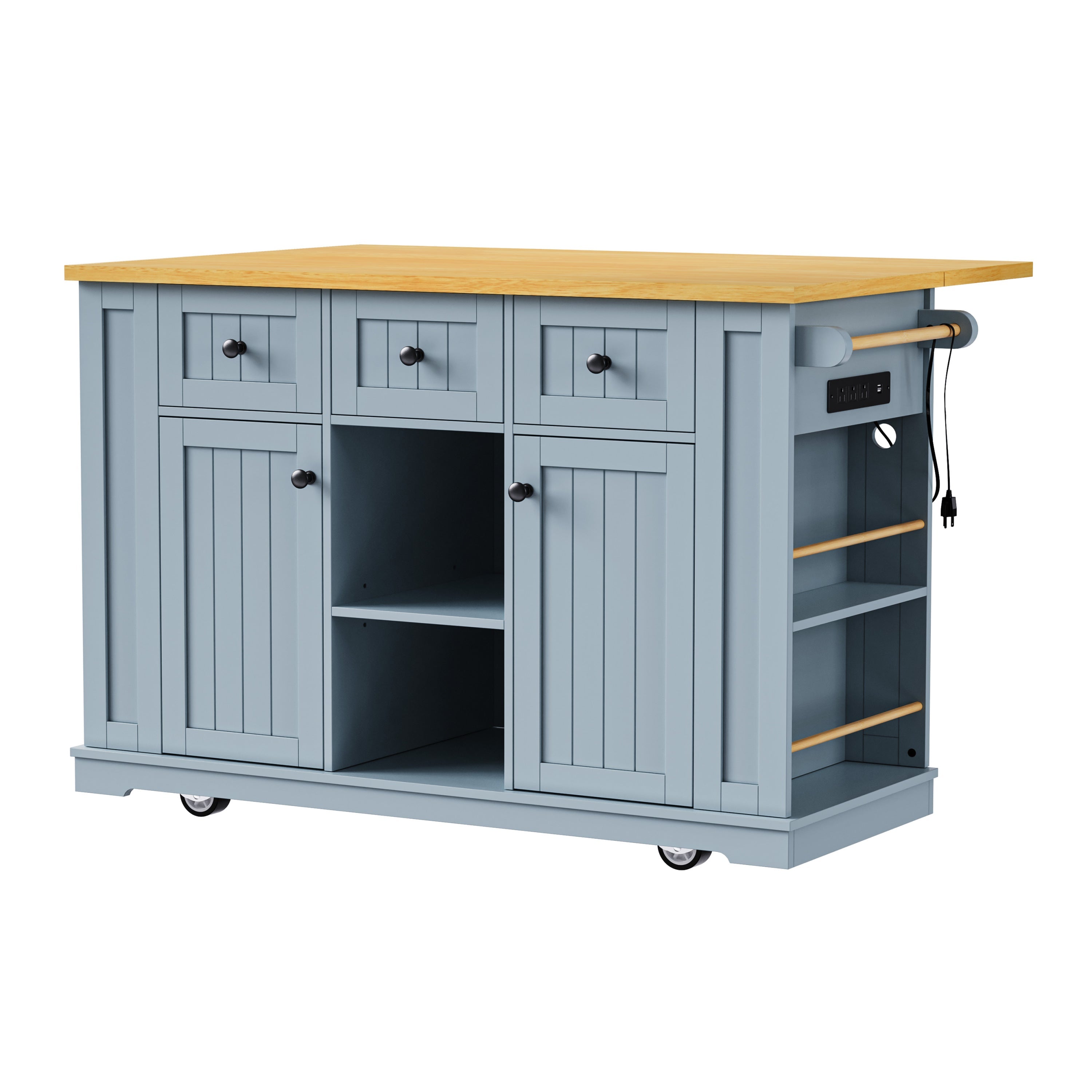K&K 53inch Large Kitchen Island with Drop Leaf,Power Outlet,Door Internal Storage Rack,Rolling Kitchen Cart on 5 Wheels with 5 Open Side Racks for Kitchen,Black(Two Packages)(Stools not included)