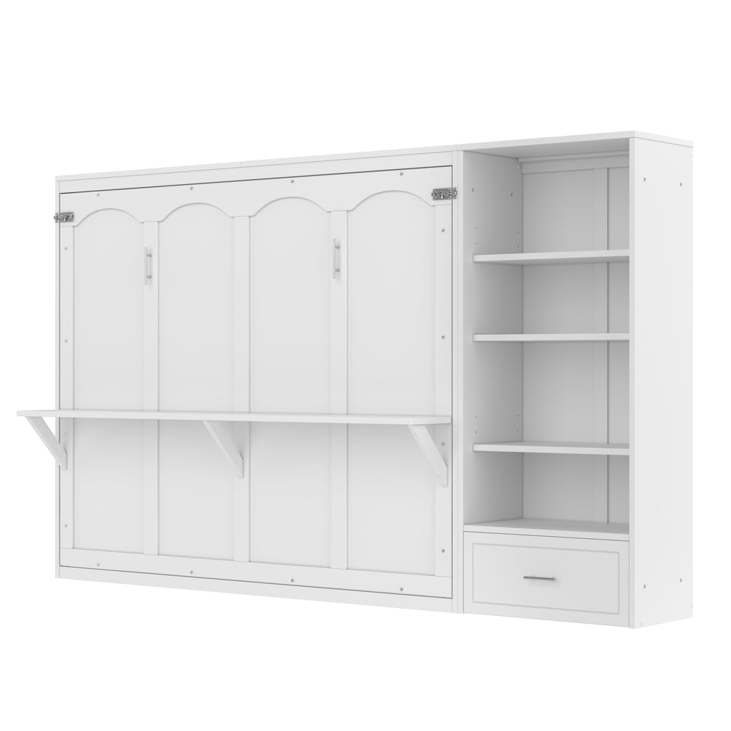 Queen Size Murphy Bed with Height Adjustable Storage Compartments and Shelf, Wall Bed Frame With 1 Drawer, Multifunctional Foldable Platform Bed for Bedroom,Guest Room, Walnut(OLD SKU:N733S309223D)