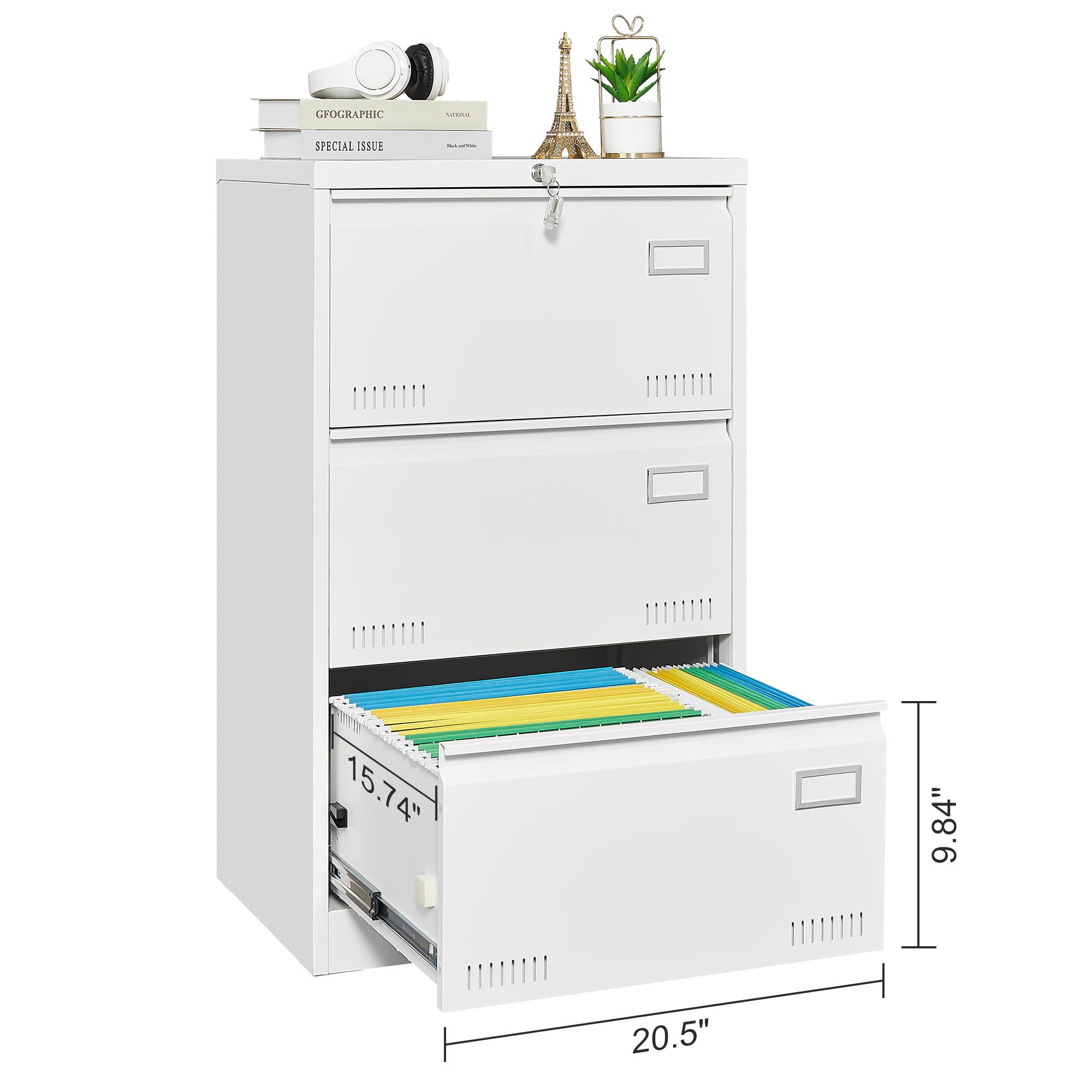 3-Drawer Metal Lateral File Cabinet with Lock