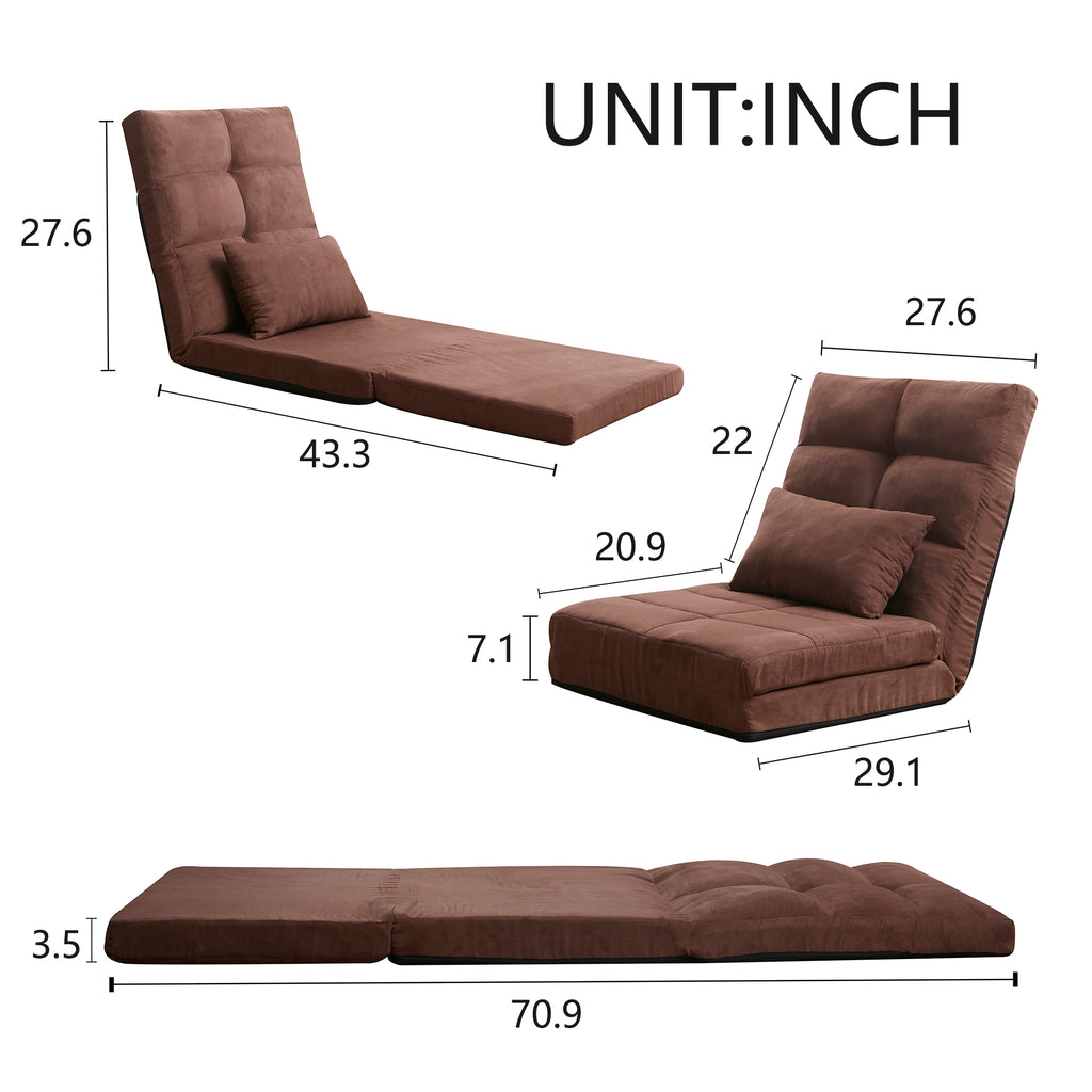 Brown fold-down sofa bed in compact living room setting