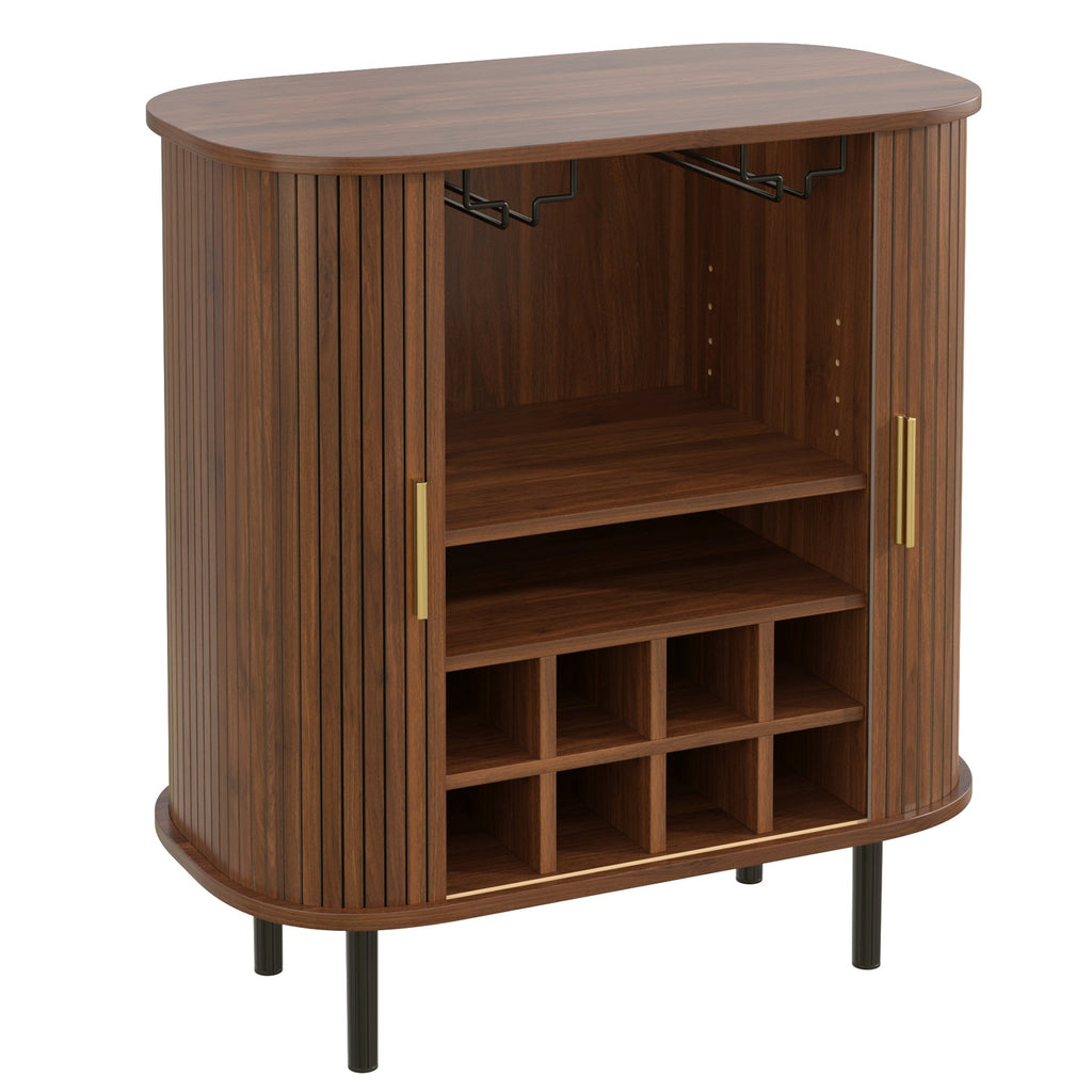 28' Fluted Wine Bar Cabinet with 8-Grid Wine Rack, 5-Level Adjustable Shelves, 2 Glass Holders, Smoothly Sliding Tambour Doors, 4 Hidden Storage Space on the Side, Modern Liquor Coffee Station, Black