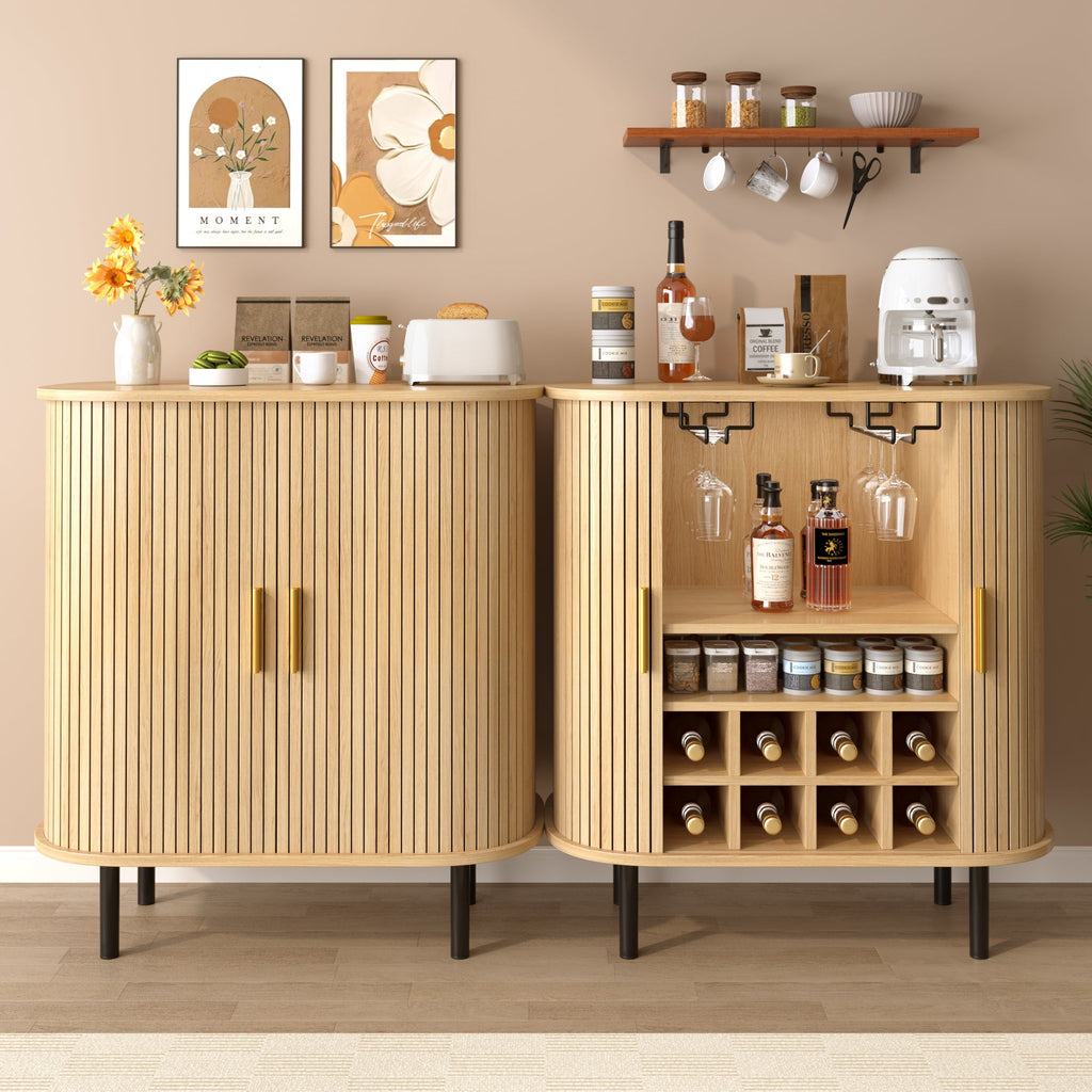 28' Fluted Wine Bar Cabinet with 8-Grid Wine Rack, 5-Level Adjustable Shelves, 2 Glass Holders, Smoothly Sliding Tambour Doors, 4 Hidden Storage Space on the Side, Modern Liquor Coffee Station, Black