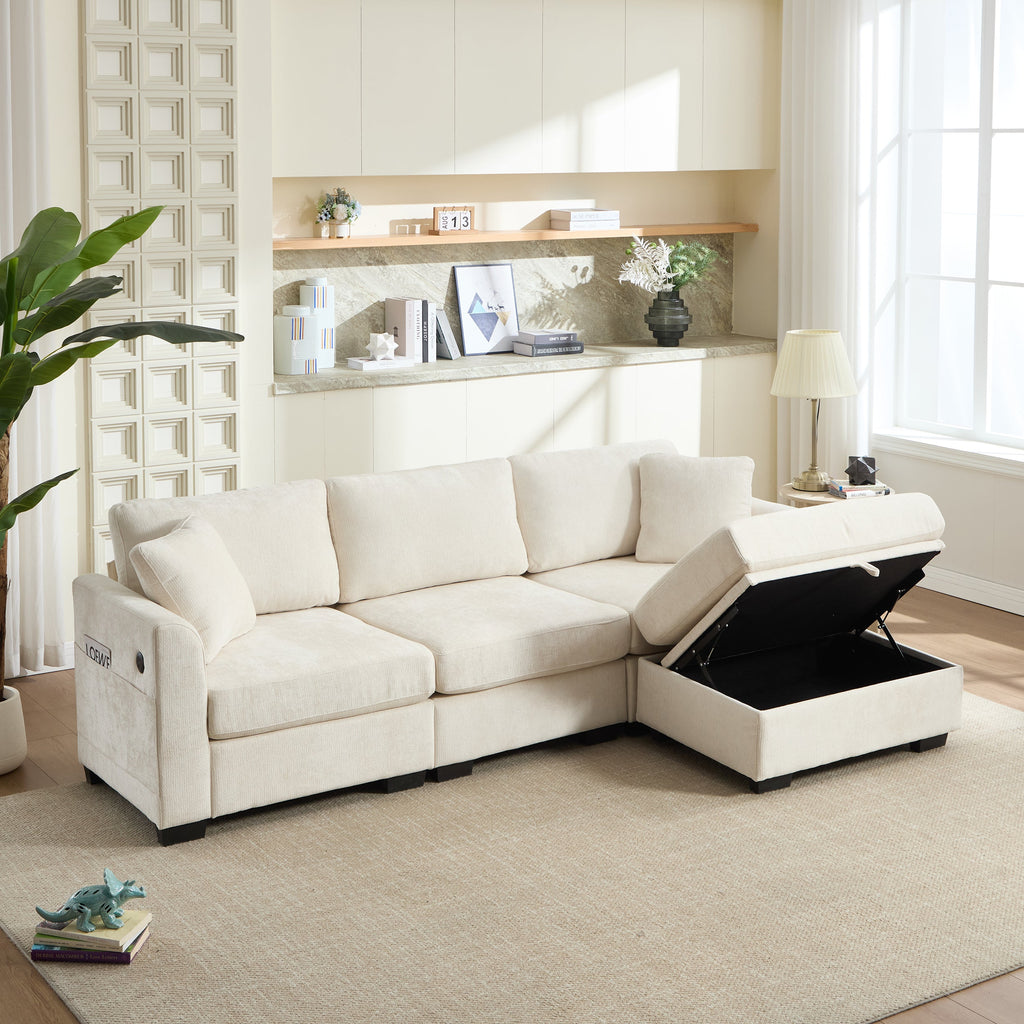 Modern Storage Sofa with Dual USB, 2 Side Pockets,Ottoman Storage Bench Cloud Sectional Chenille Sofa Oversized,4-Seat, L-Shaped Couch,Black