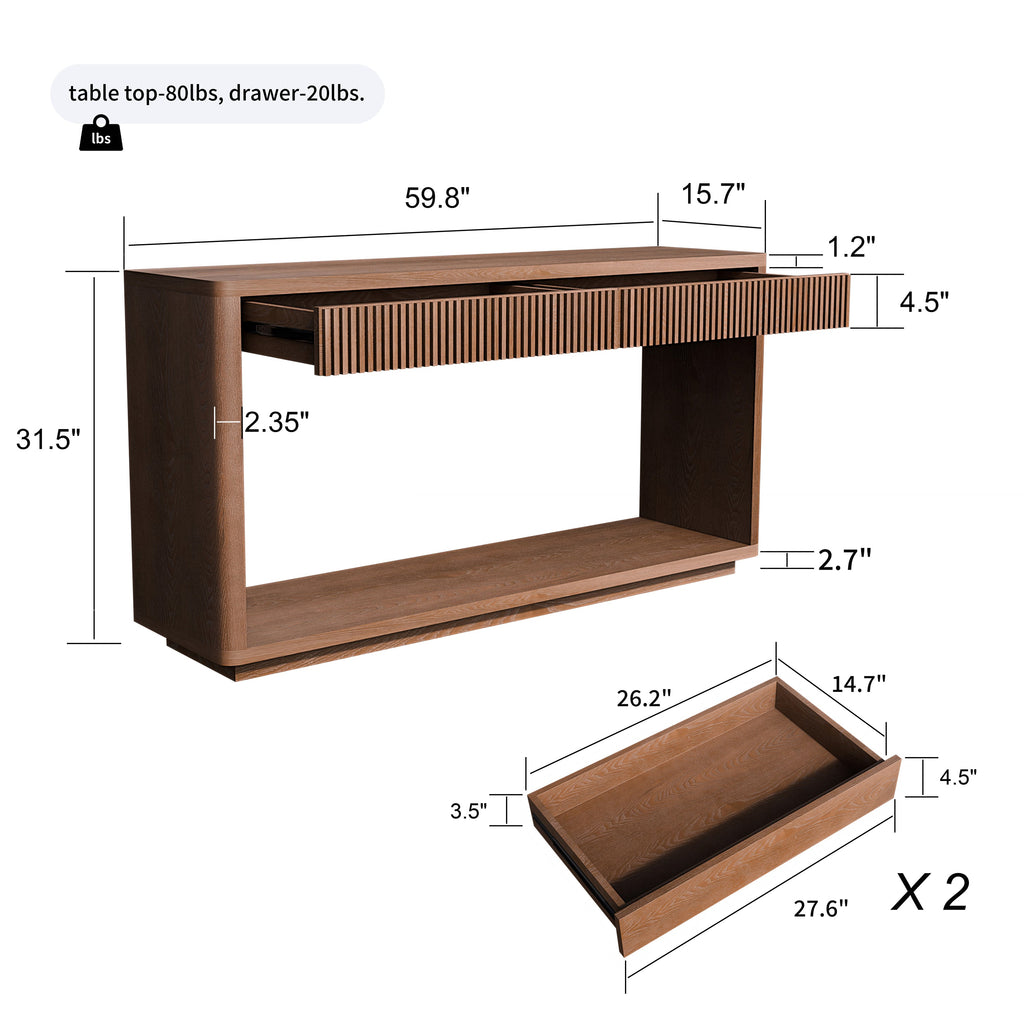 60' Modern 2-Drawer Fluted Console Table Natural Wood Veneer Sofa Table Behind Couch Table for Living Room, Hallway, Entryway, Home Office, Natural Wood