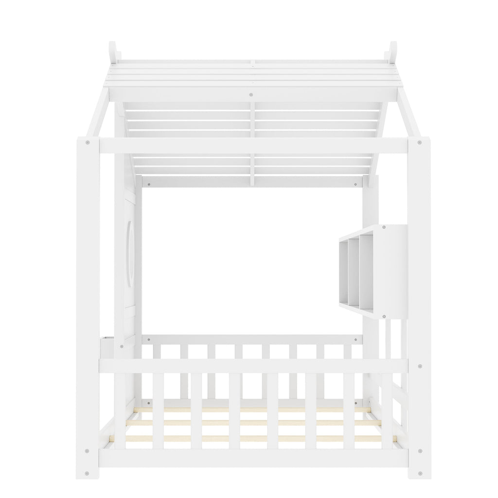 Twin Size Floor House Bed for Toddler, Kids Montessori Bed with Storage Shelf, Playhouse Bed with Roof Design, Gray