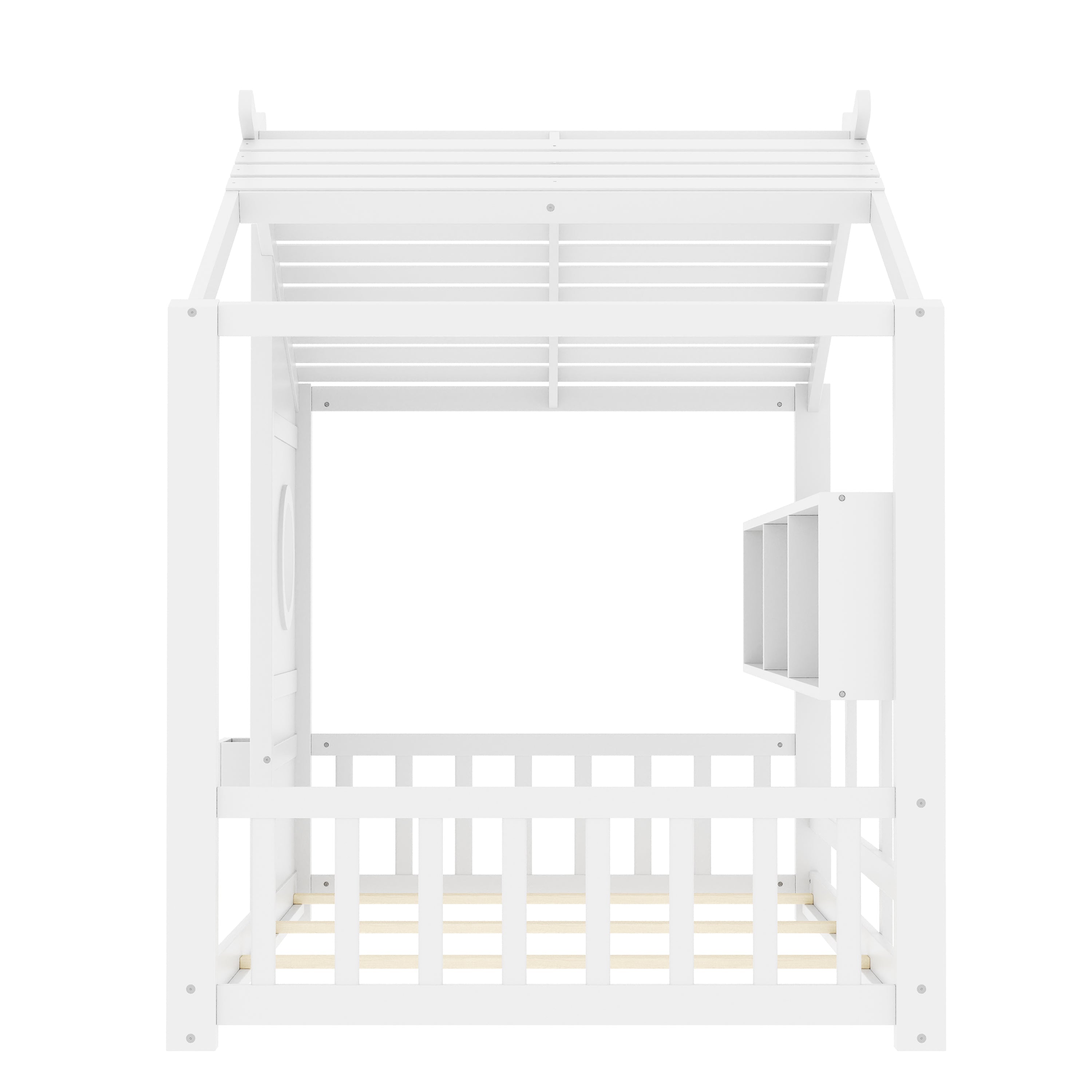 Twin Size Floor House Bed for Toddler, Kids Montessori Bed with Storage Shelf, Playhouse Bed with Roof Design, Gray