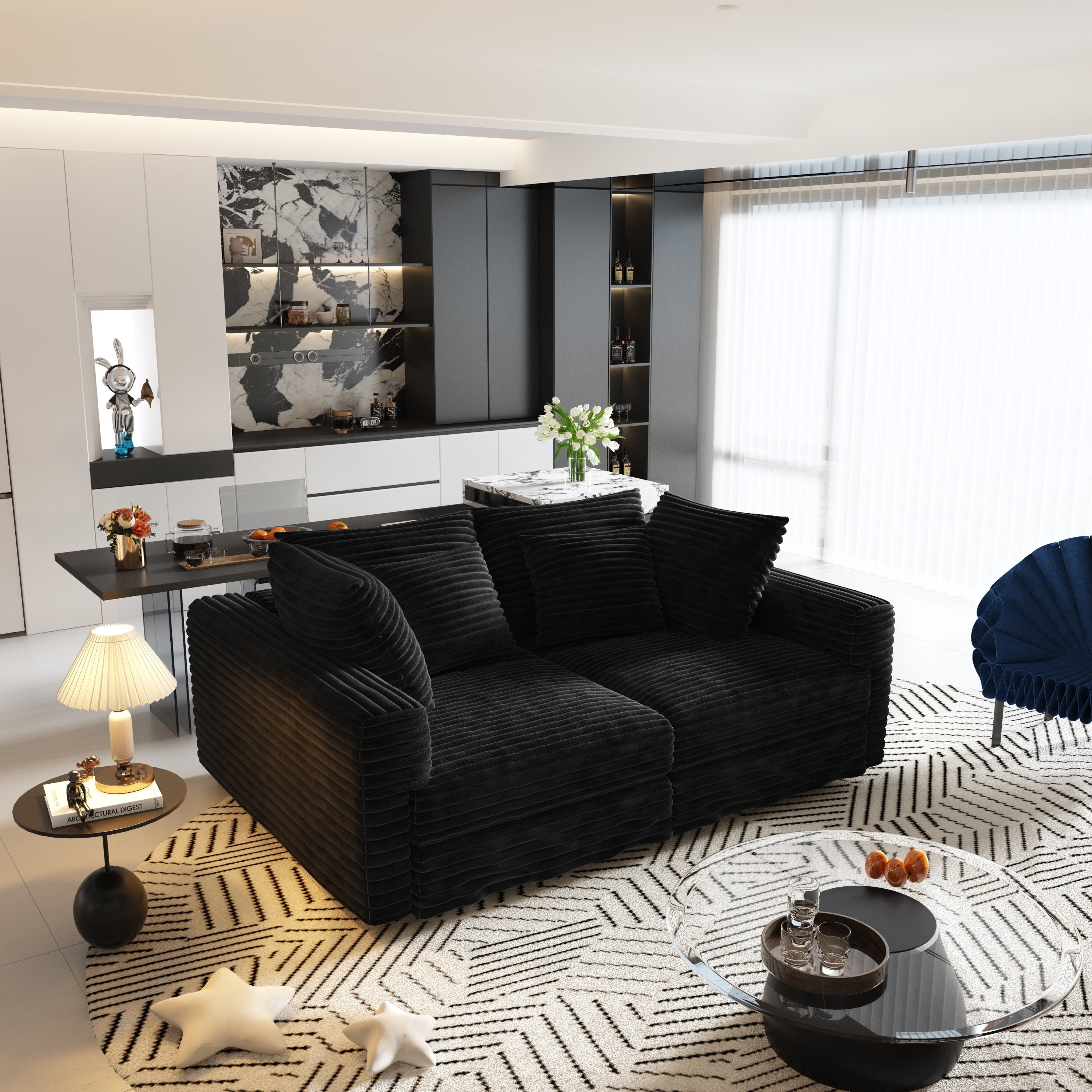 102.4 'Plush Corduroy 4-Seat Sofa,Modern Comfy Upholstered Sofa Cloud Couch,Deep Seat Couches with Soft Pillows and 3 Ottomans,Convertible Sofa Lounge Chair,Black(Old SKU:W1885S00287)