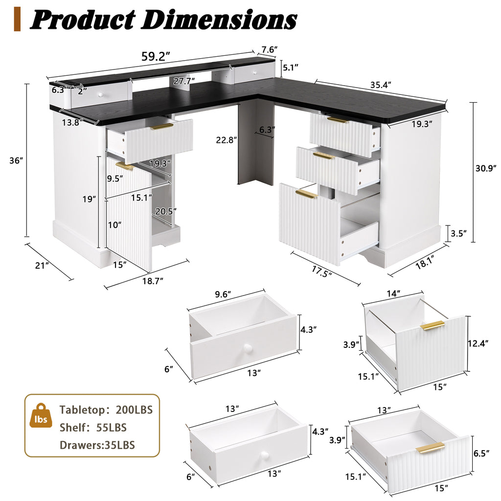 White fluted corner desk with built-in charging hub