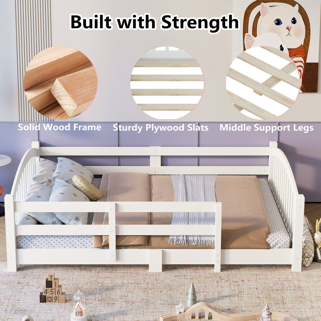 Twin Montessori Floor Bed with Slats and Safety Guardrails, Solid Wood Floor Bed with Fence and Without Door, Easy Assemble Montessori Bed for Girls and Boys, Gray