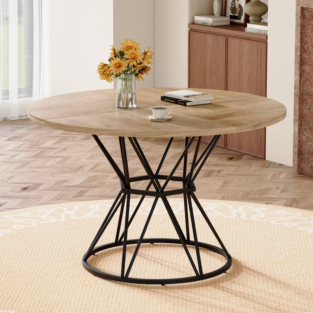 A circular dining table with a diameter of 47.3 inches, featuring 4 light wood grain MDF tabletops, black hourglass shaped metal brackets, and a modern industrial style dining table for 4-6 people.